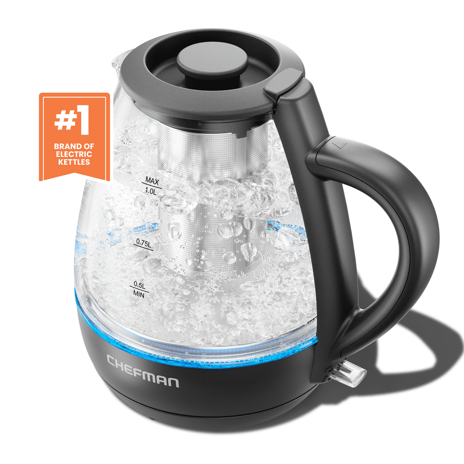 Chefman 1L Black Glass Electric Kettle with Tea Infuser