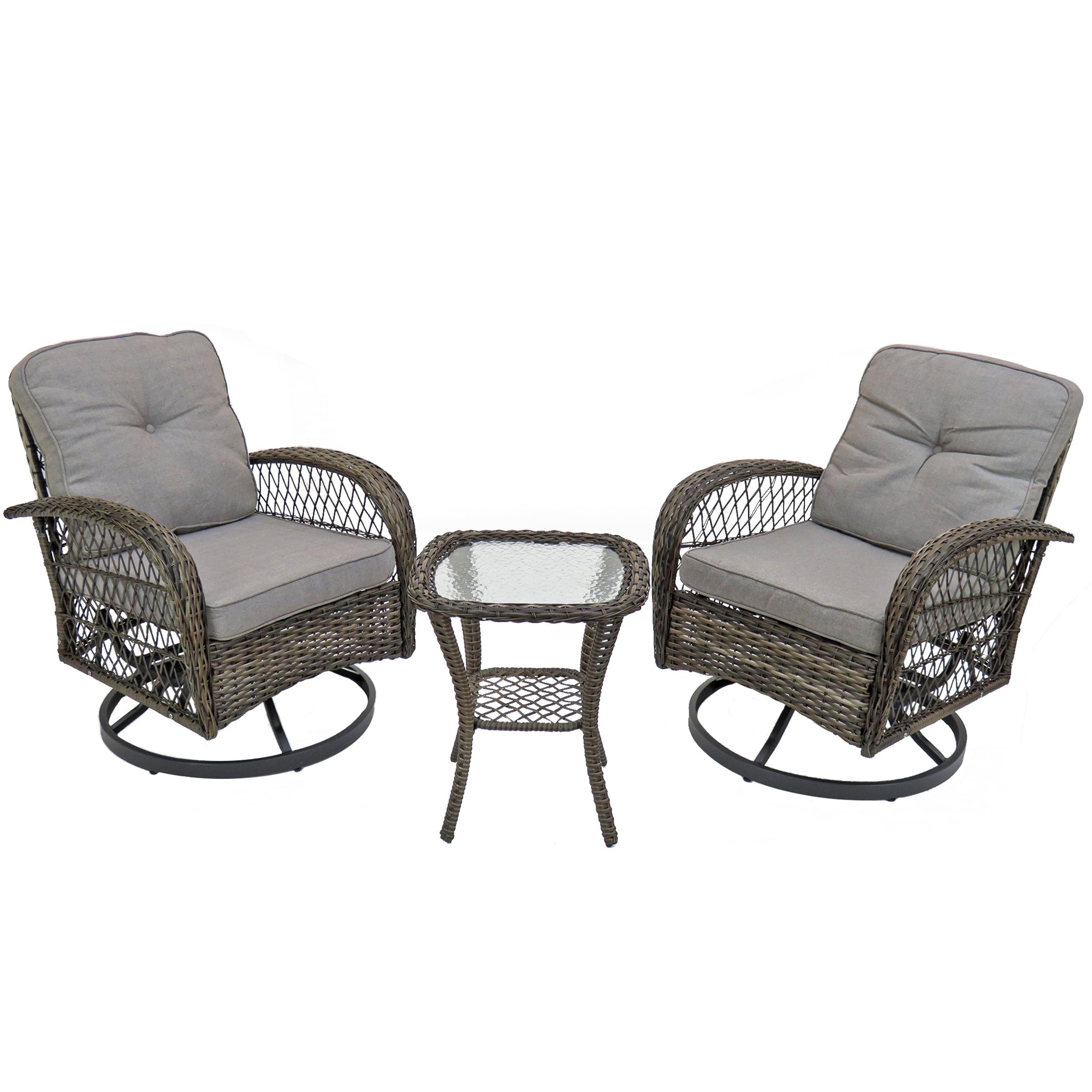 Gray Swivel Rocking 3-Piece PE Rattan-Wicker Outdoor Chat Set