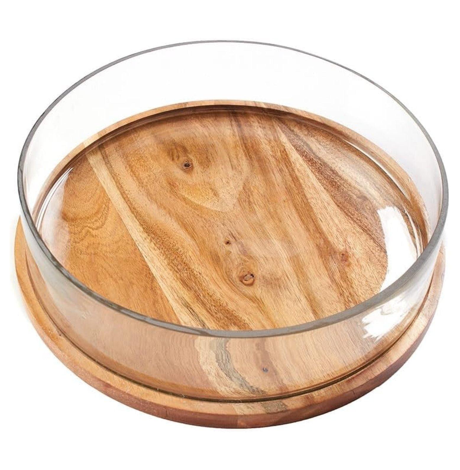 Acacia Wood and Glass Serving Bowl with Base