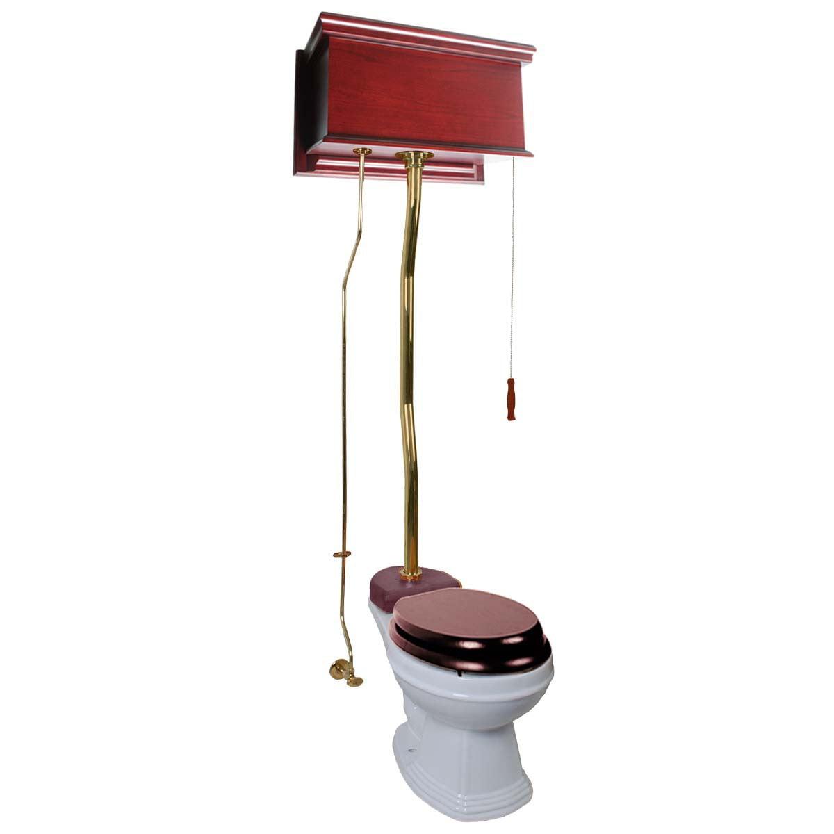 Cherry Wood Finish High Tank Pull Chain Toilet Wooden Flat Tank Elongated Top Entry White Porcelain Bowl and Brass Z Pipes Adjustable Height 59"- 74" w/Hardware Renovators Supply