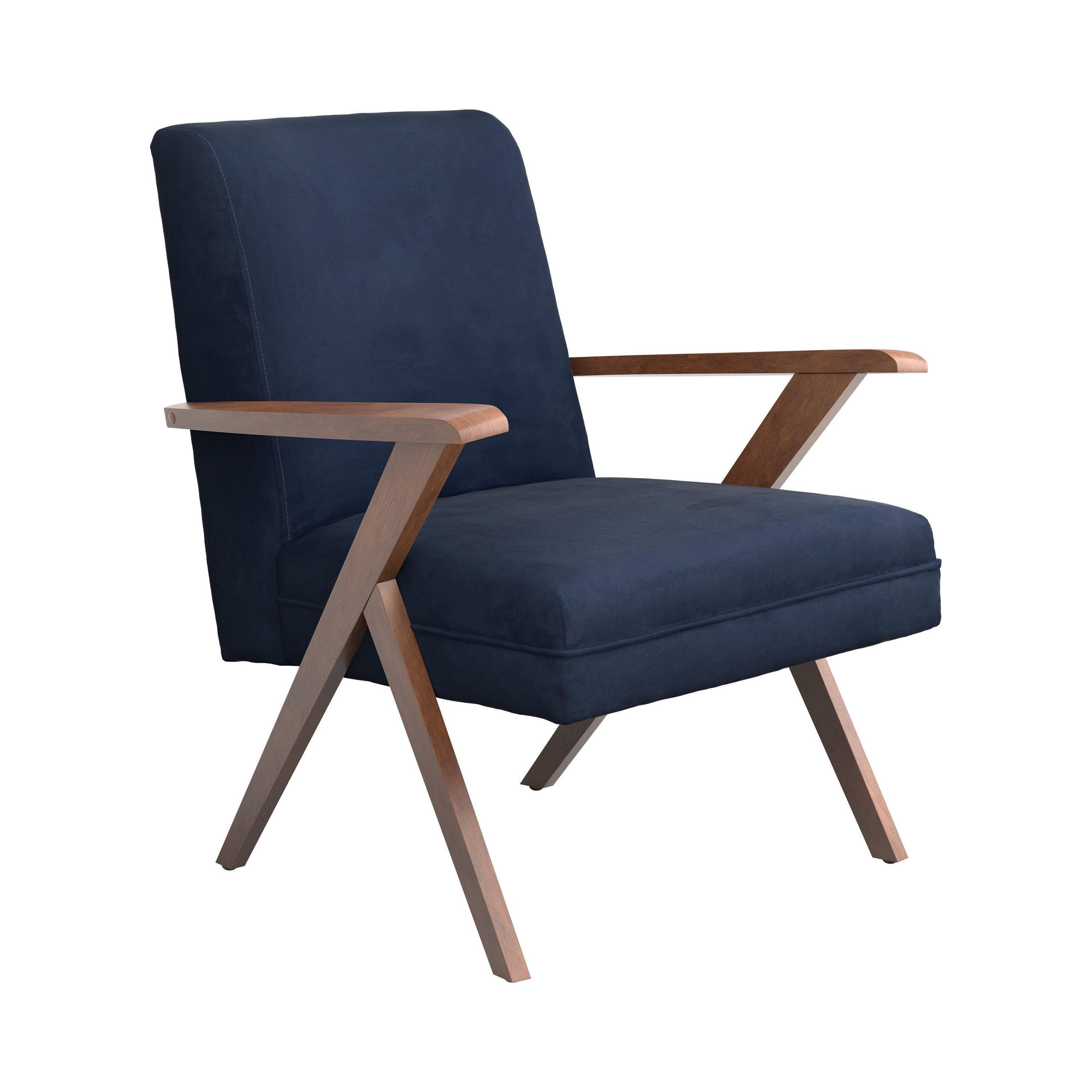 Transitional Dark Blue Velvet Accent Chair with Walnut Arms