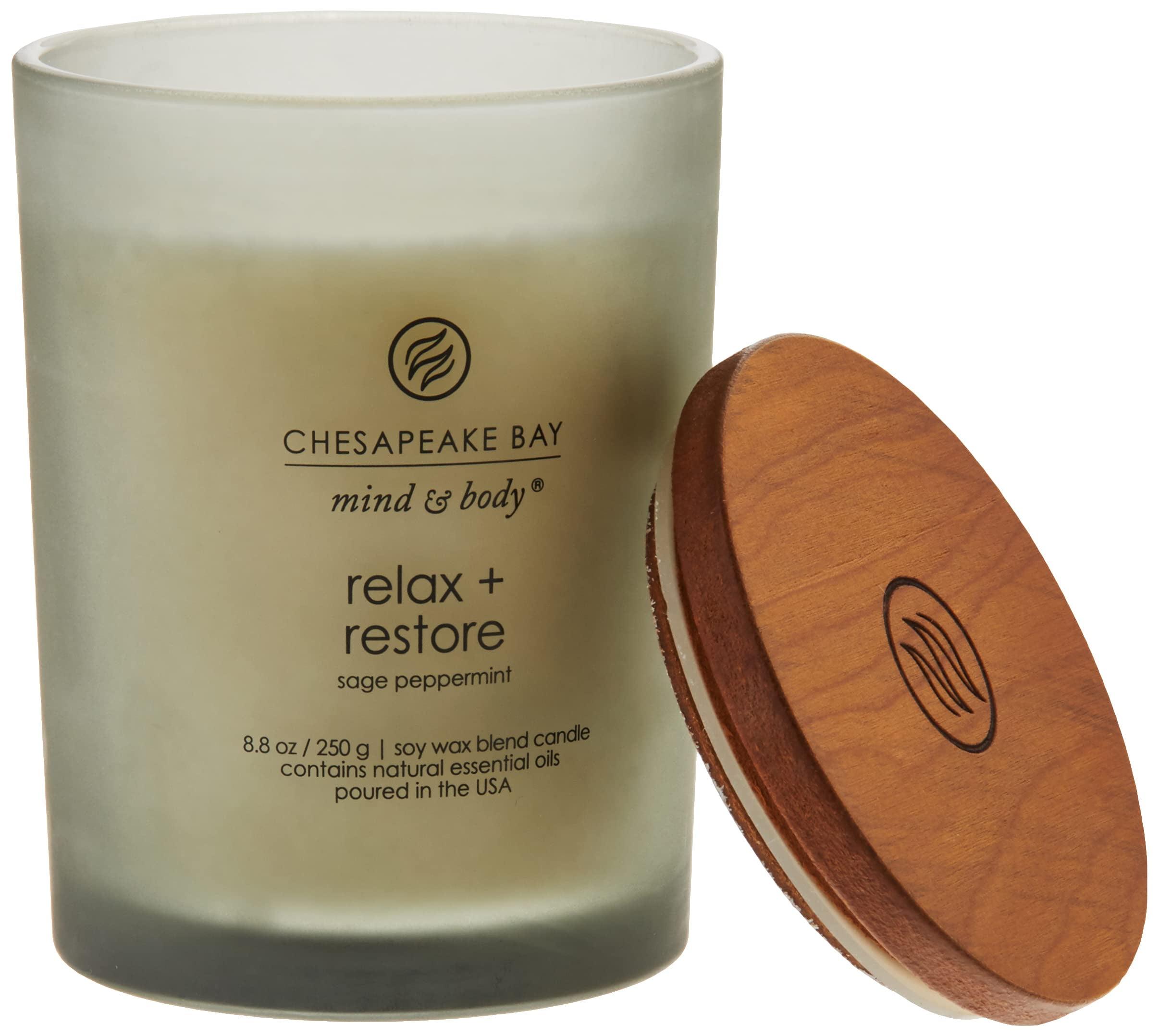 Frosted Glass Relax + Restore Lidded Jar Candle Light Gray 8.8oz - Mind & Body by Chesapeake Bay Candle: Herbal Sage, Sweet Mandarin