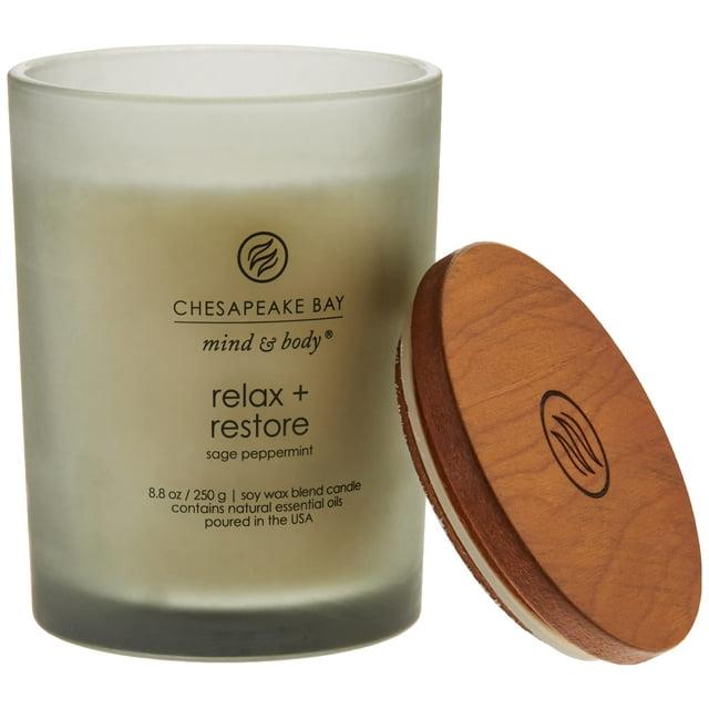 Frosted Glass Relax + Restore Lidded Jar Candle Light Gray 8.8oz - Mind & Body by Chesapeake Bay Candle: Herbal Sage, Sweet Mandarin