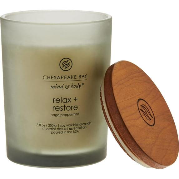 Frosted Glass Relax + Restore Lidded Jar Candle Light Gray 8.8oz - Mind & Body by Chesapeake Bay Candle: Herbal Sage, Sweet Mandarin