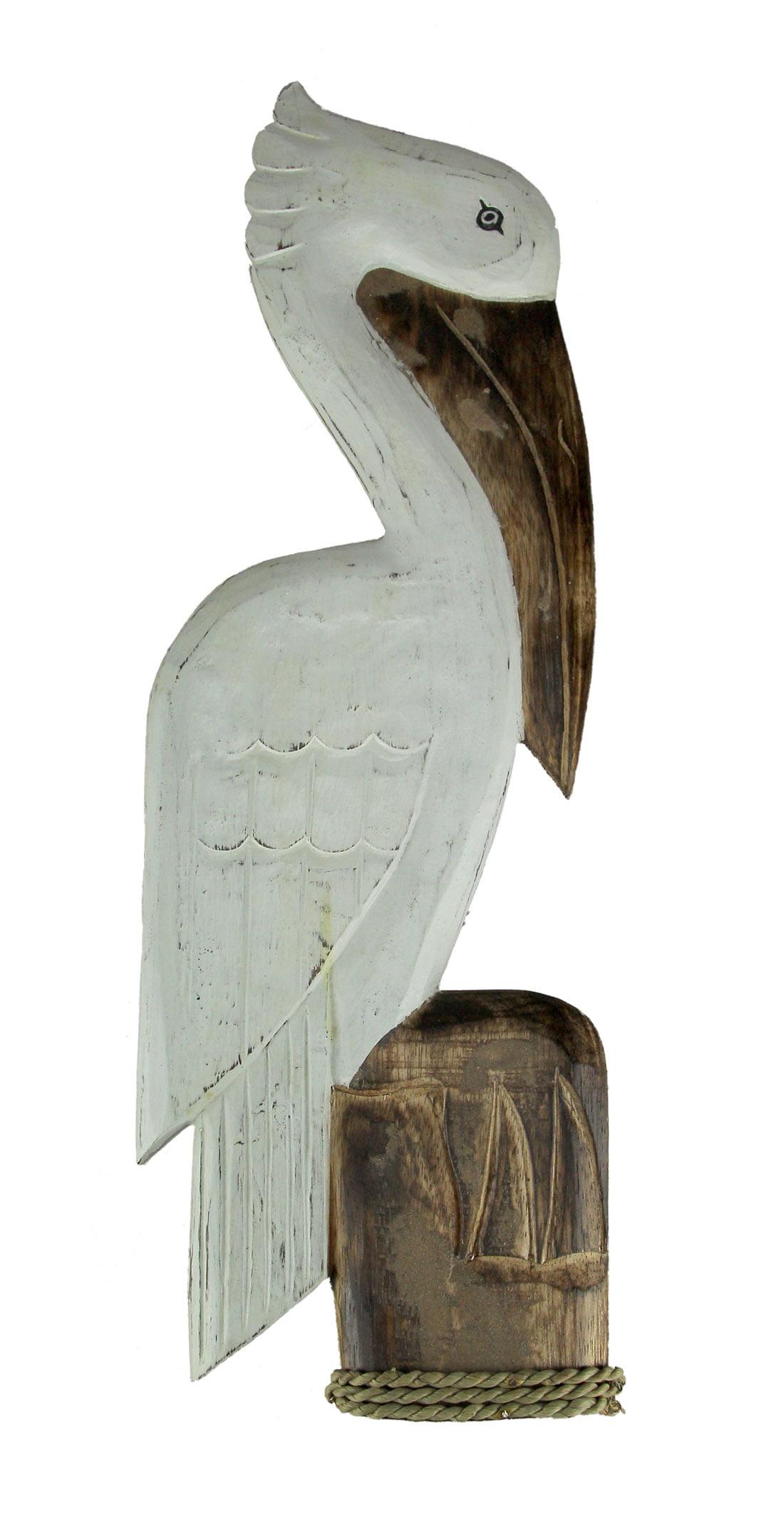 White and Brown Wood Coastal Pelican Wall Sculpture