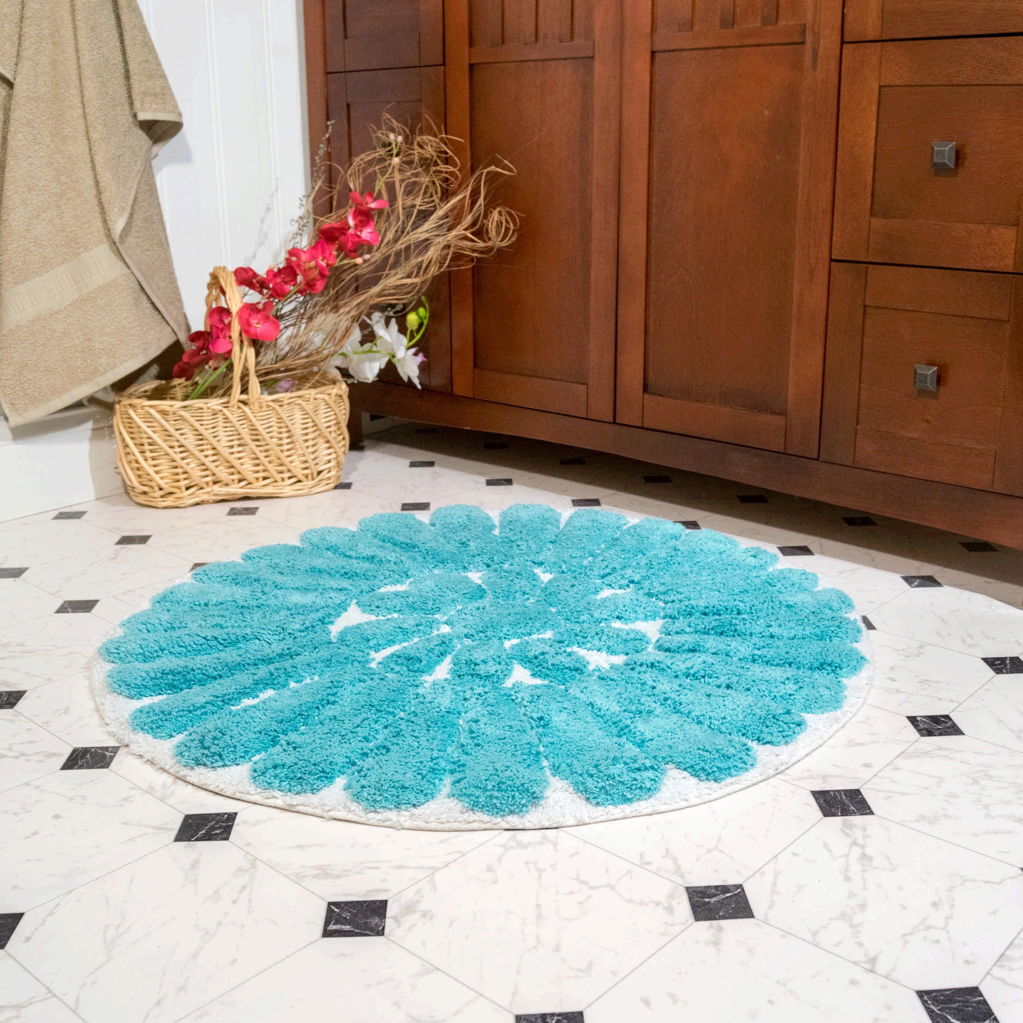 Aqua Bloom Circular Cotton Bath Rug Set, White and Aqua