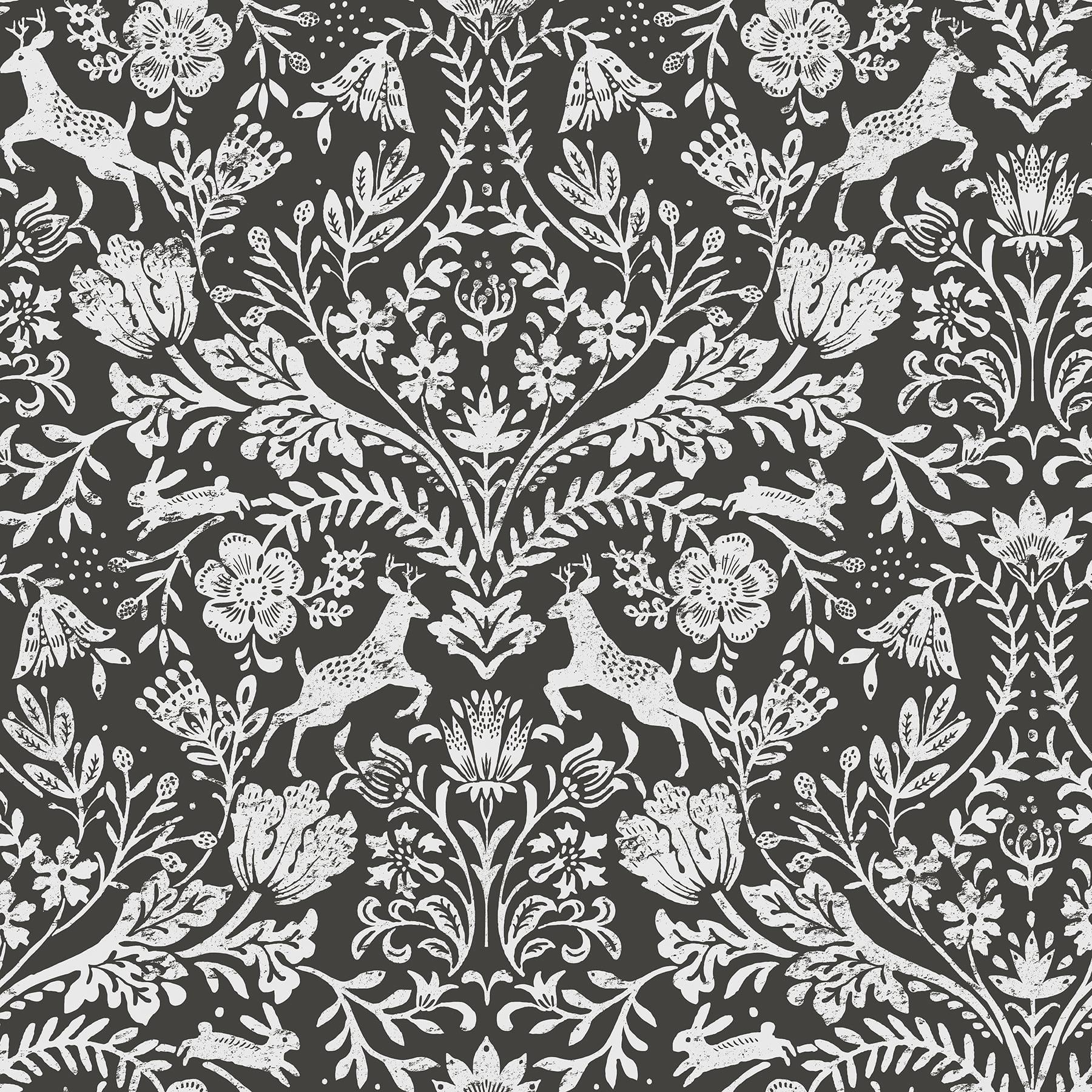 Charcoal and White Damask Forest Dance Wallpaper