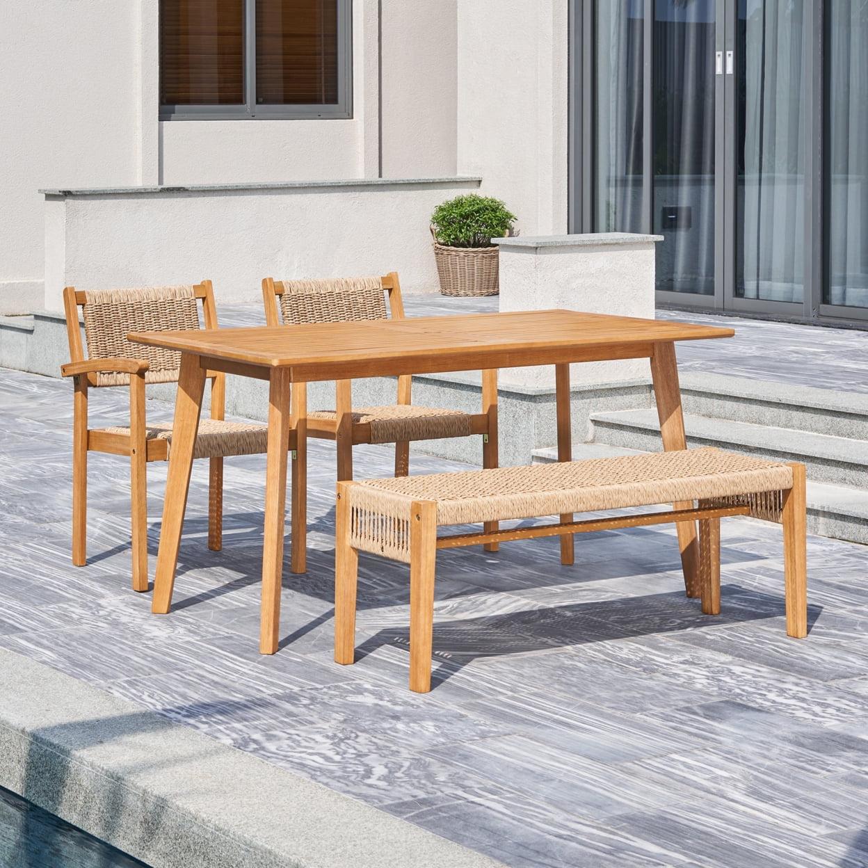 Chesapeake 5-Person Honey Acacia & Strapped Rattan Outdoor Dining Set