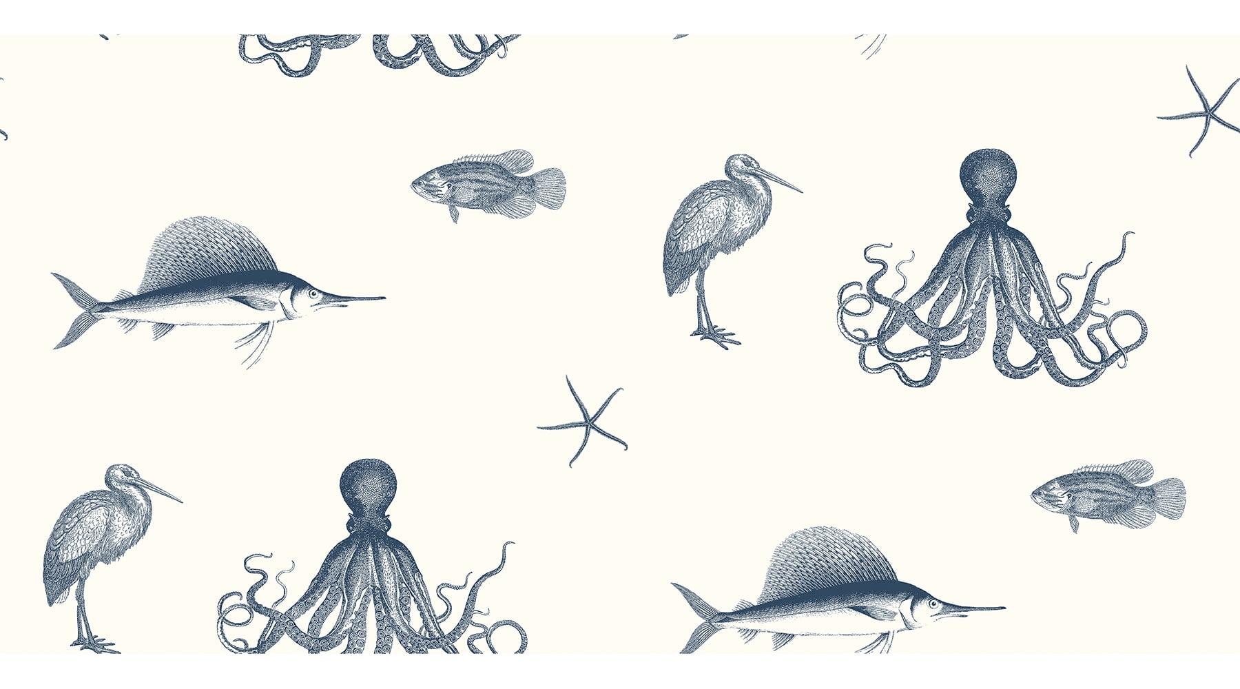 Navy and White Sea Creature Coastal Wallpaper