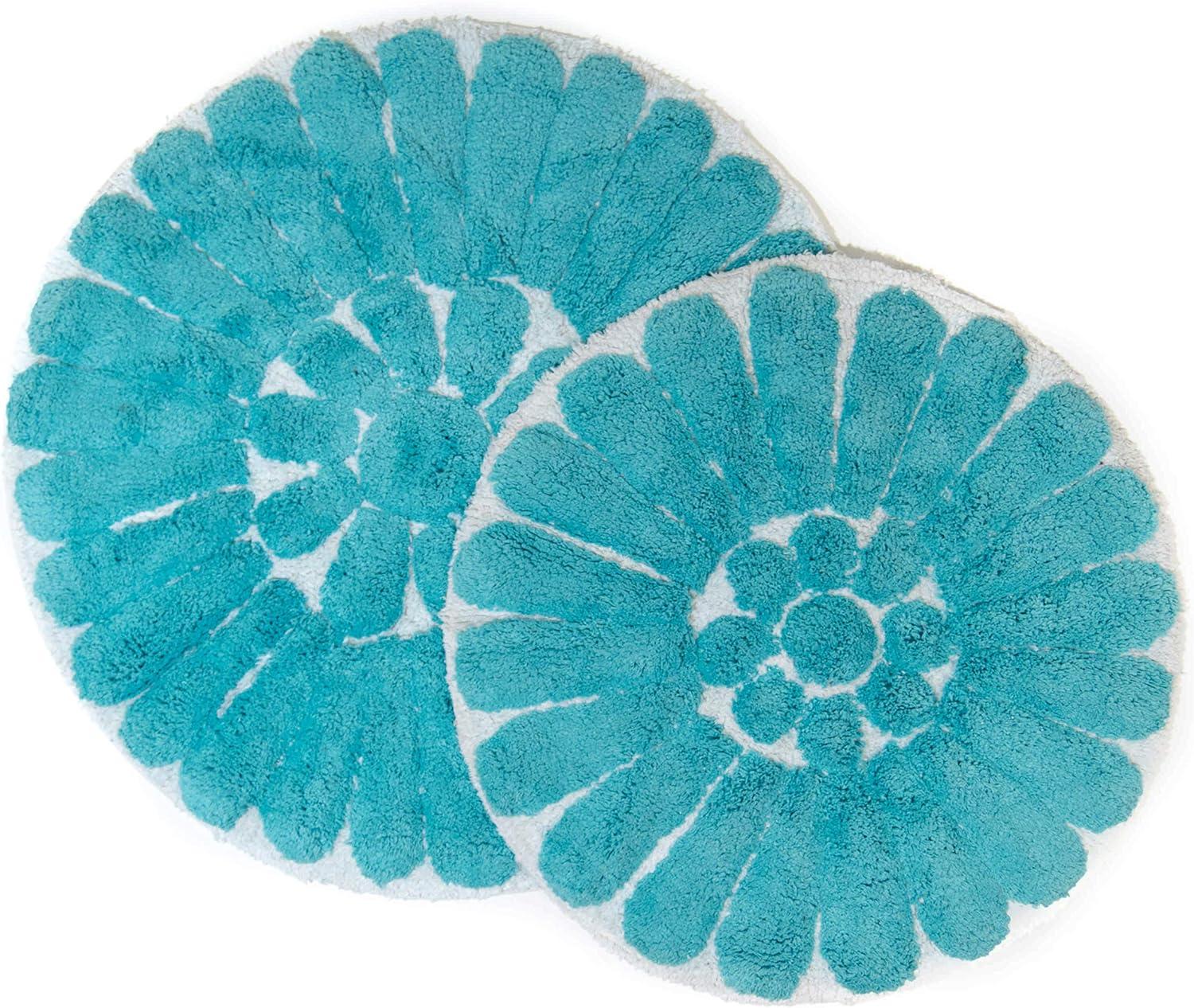 Aqua Bloom Circular Cotton Bath Rug Set, White and Aqua