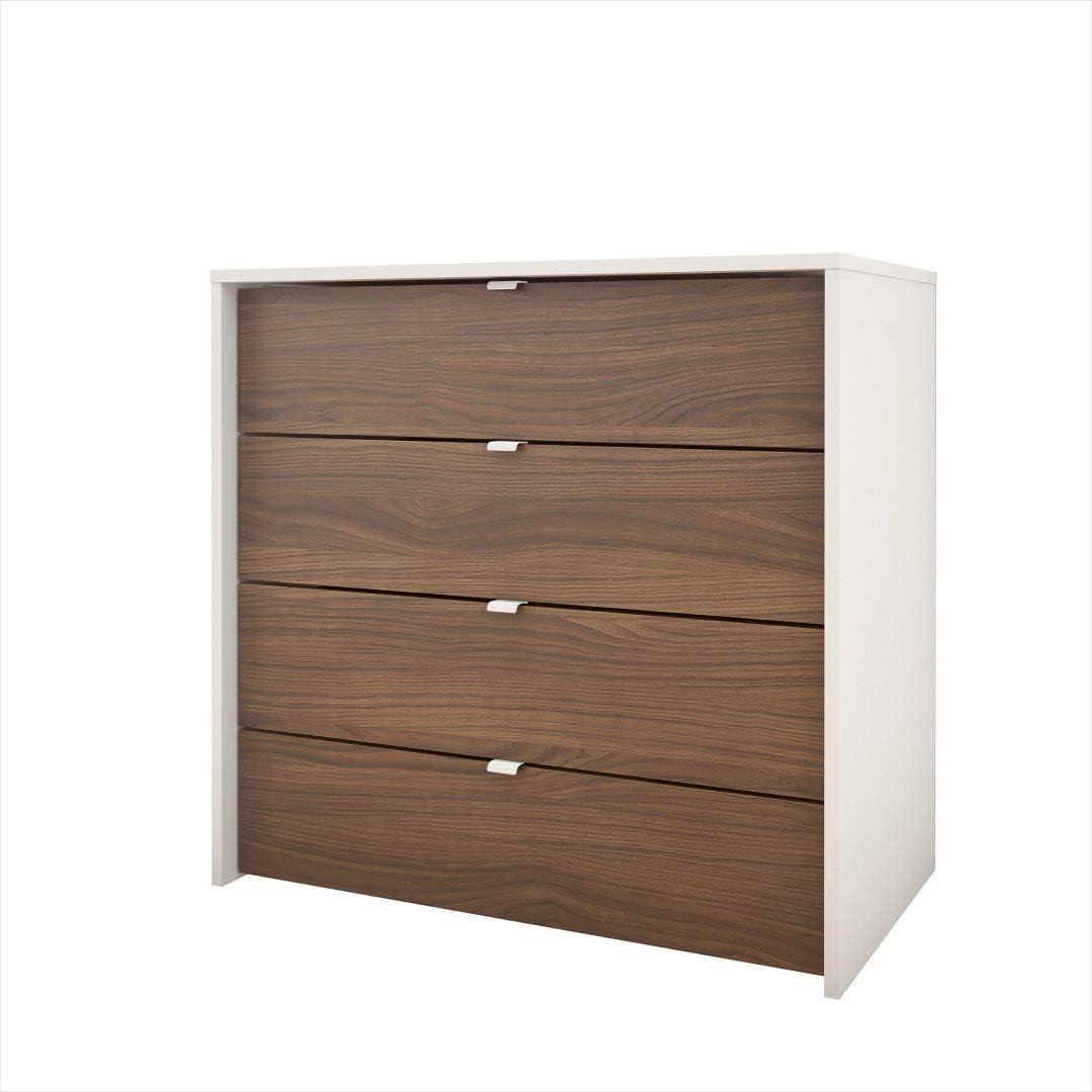 Modern White and Walnut 4-Drawer Chest with Sleek Metal Handles