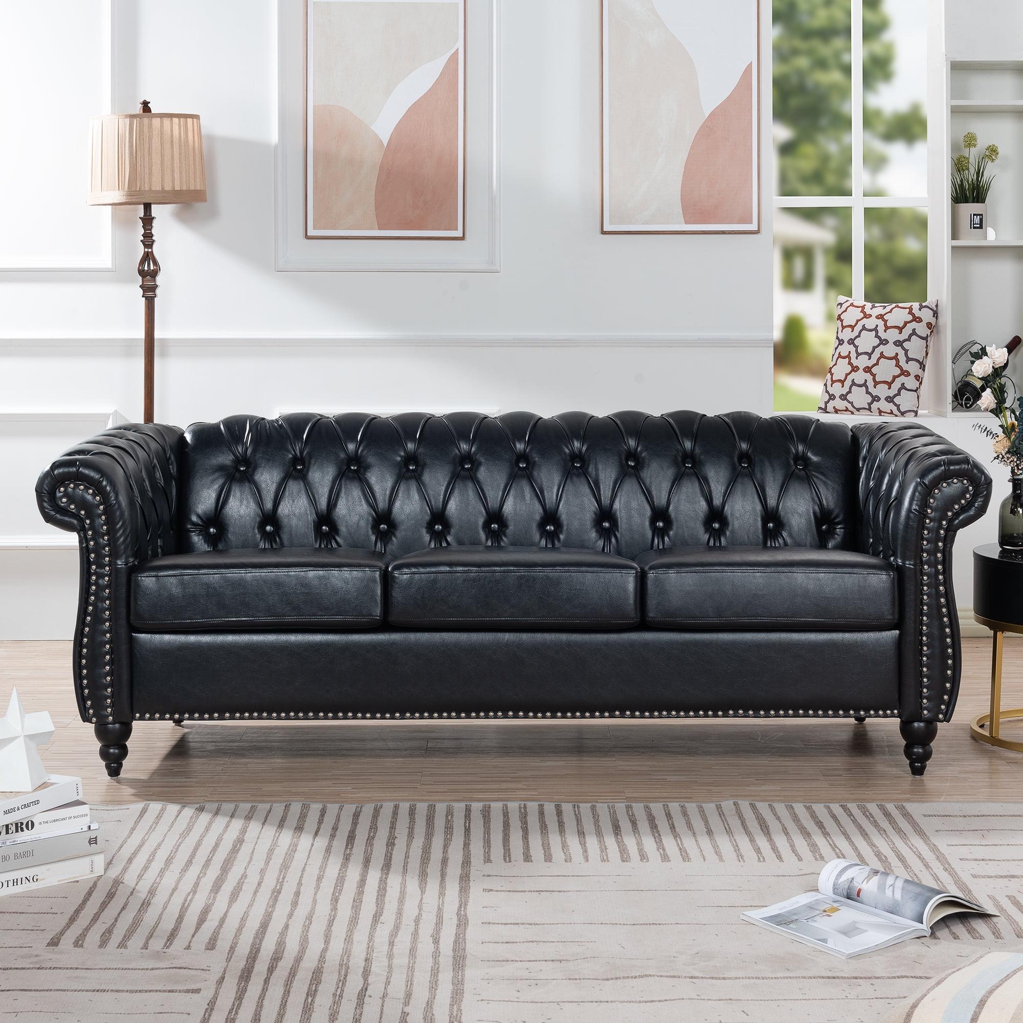 Black Tufted Faux Leather Chesterfield Sofa with Nailhead Trim