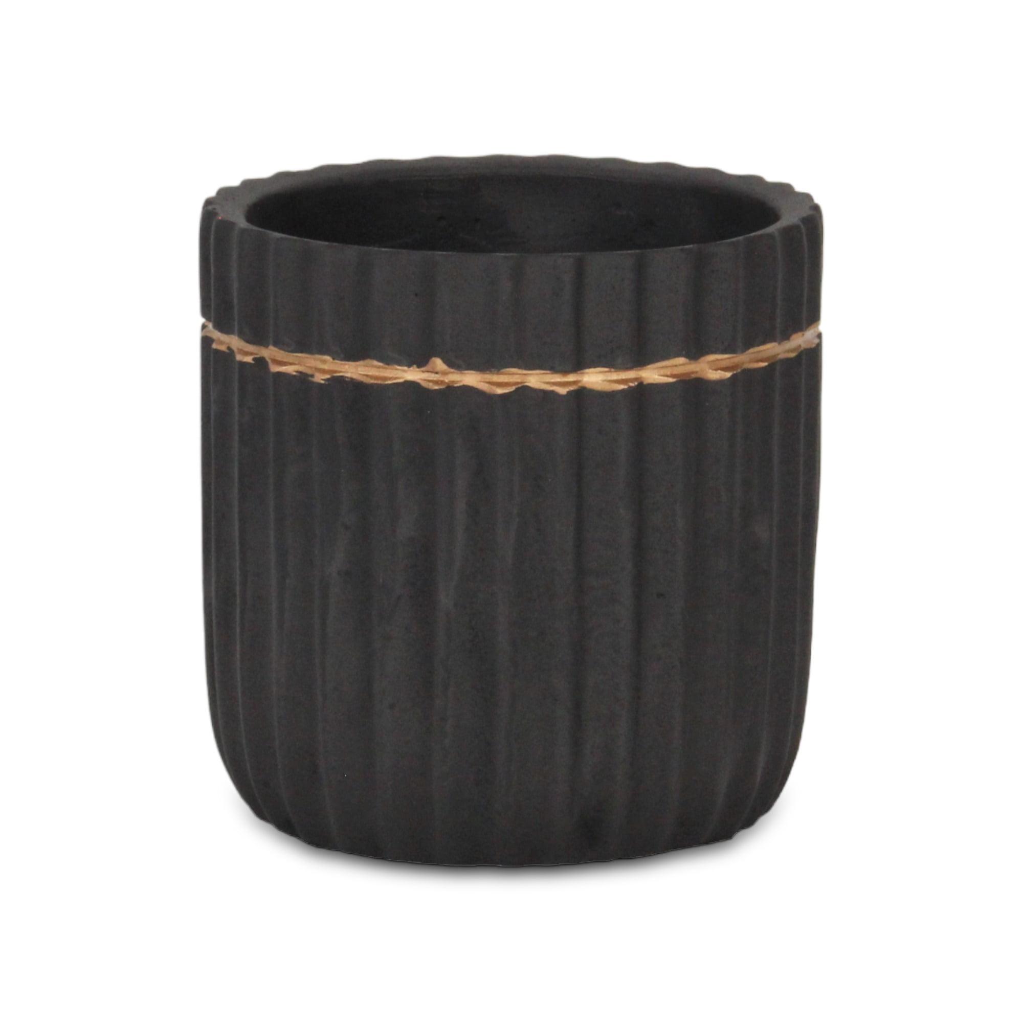 Large Black Ceramic Pot with Gold Trim and Ridged Design