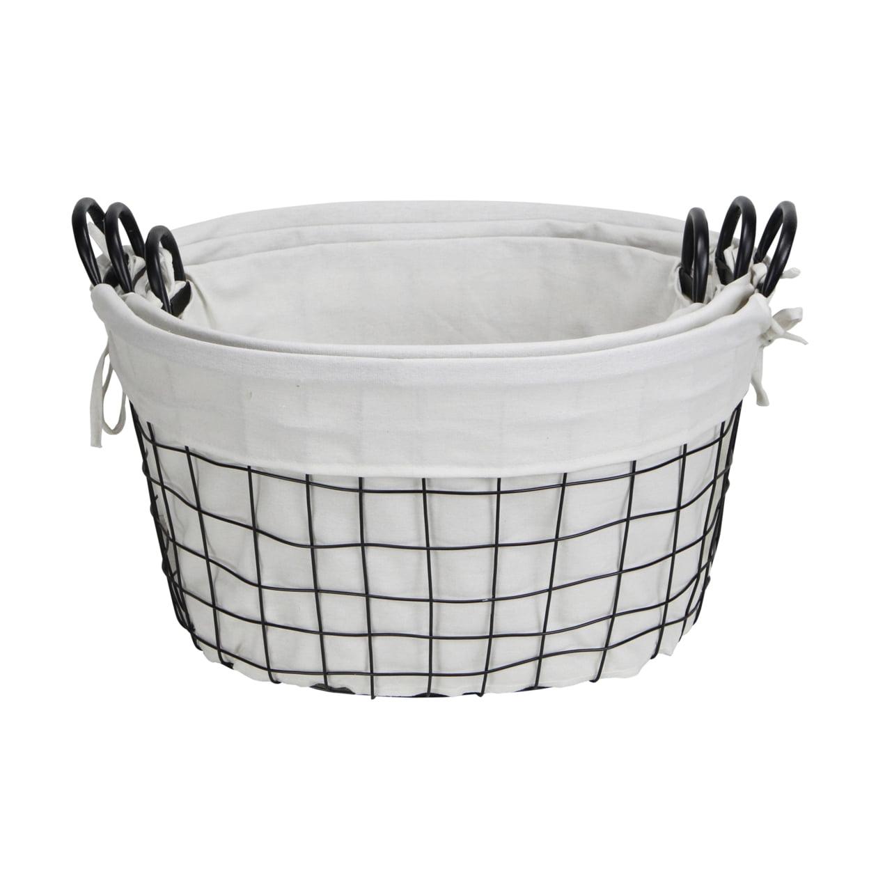 Elegant Black Metal & Linen Oval Storage Baskets - Set of 3