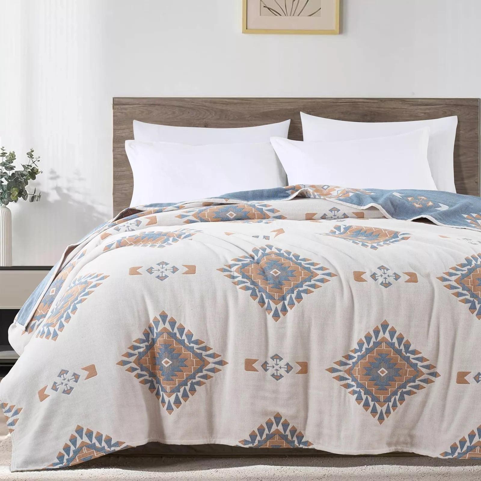 Chezmoi Collection Ezra Jacquard Woven Lightweight 4-Layer Reversible Cotton Thin Blanket