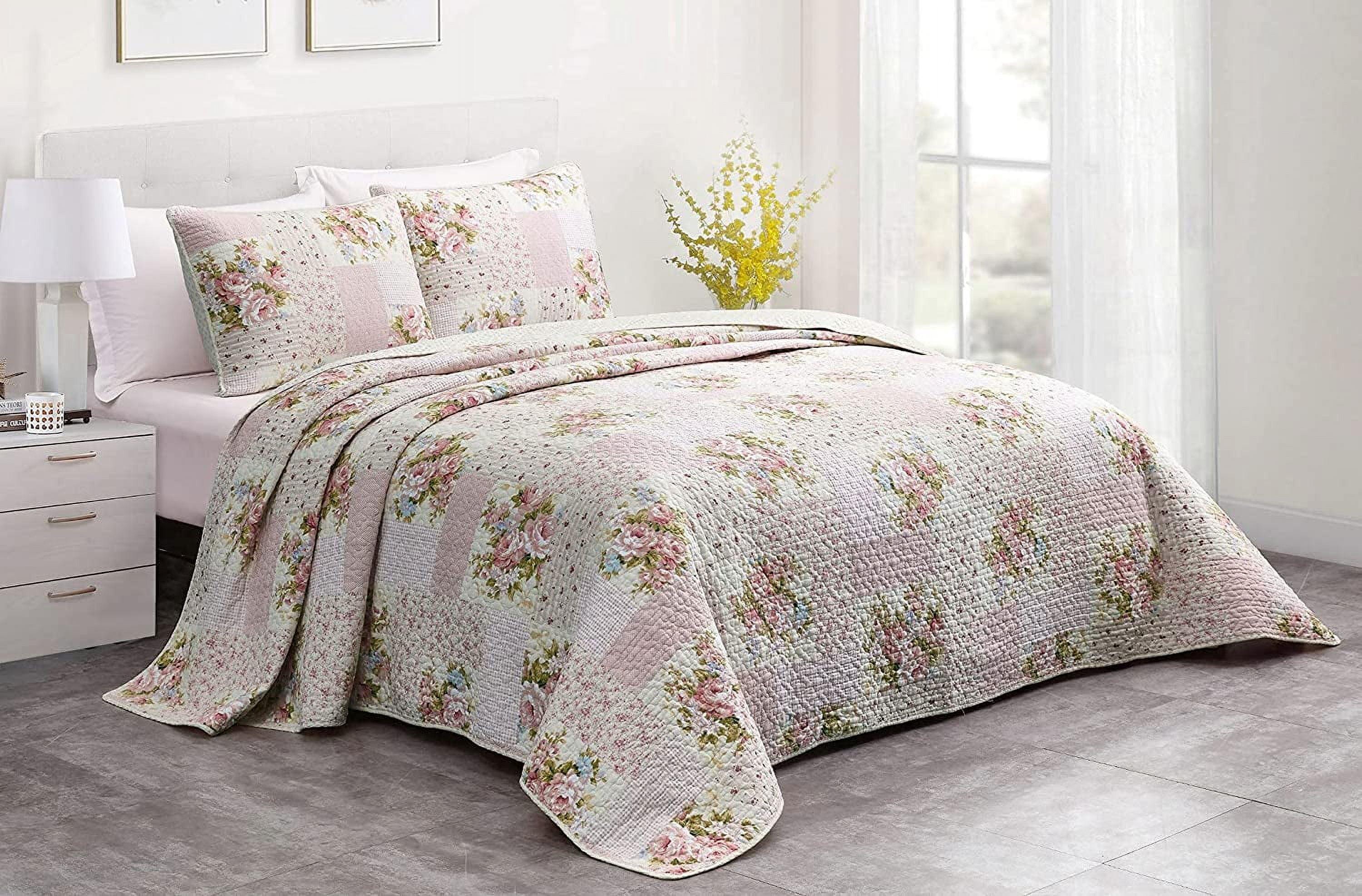 Chezmoi Collection Rosy 2-Piece Printed Patchwork Cotton Quilt Set Twin Size, Pink Flower Floral Striped Polka Dots, Stone Washed Breathable Lightweight Bedspread Set