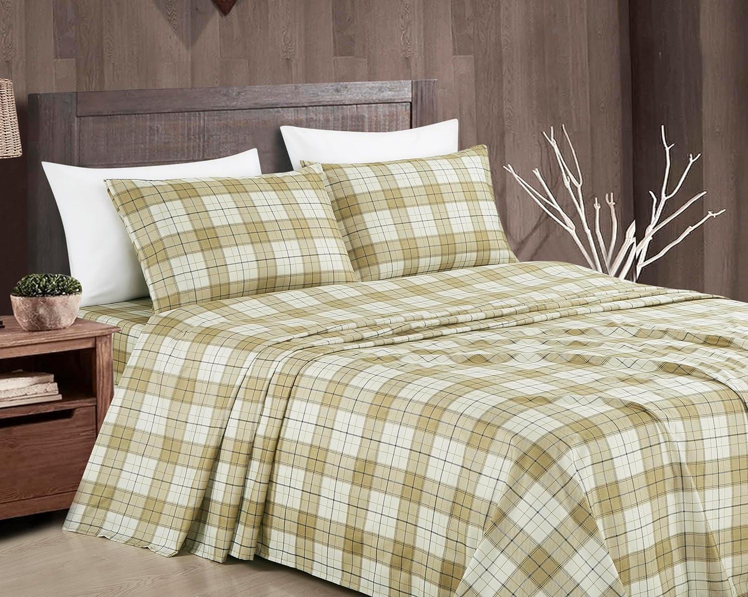 Chezmoi Collection 3-Piece Lodge Plaid Sheet Set Twin Size, Tan Beige Blue Plaid Stripe Printed Brushed Microfiber Lightweight Breathable Deep Pocket Bed Sheets