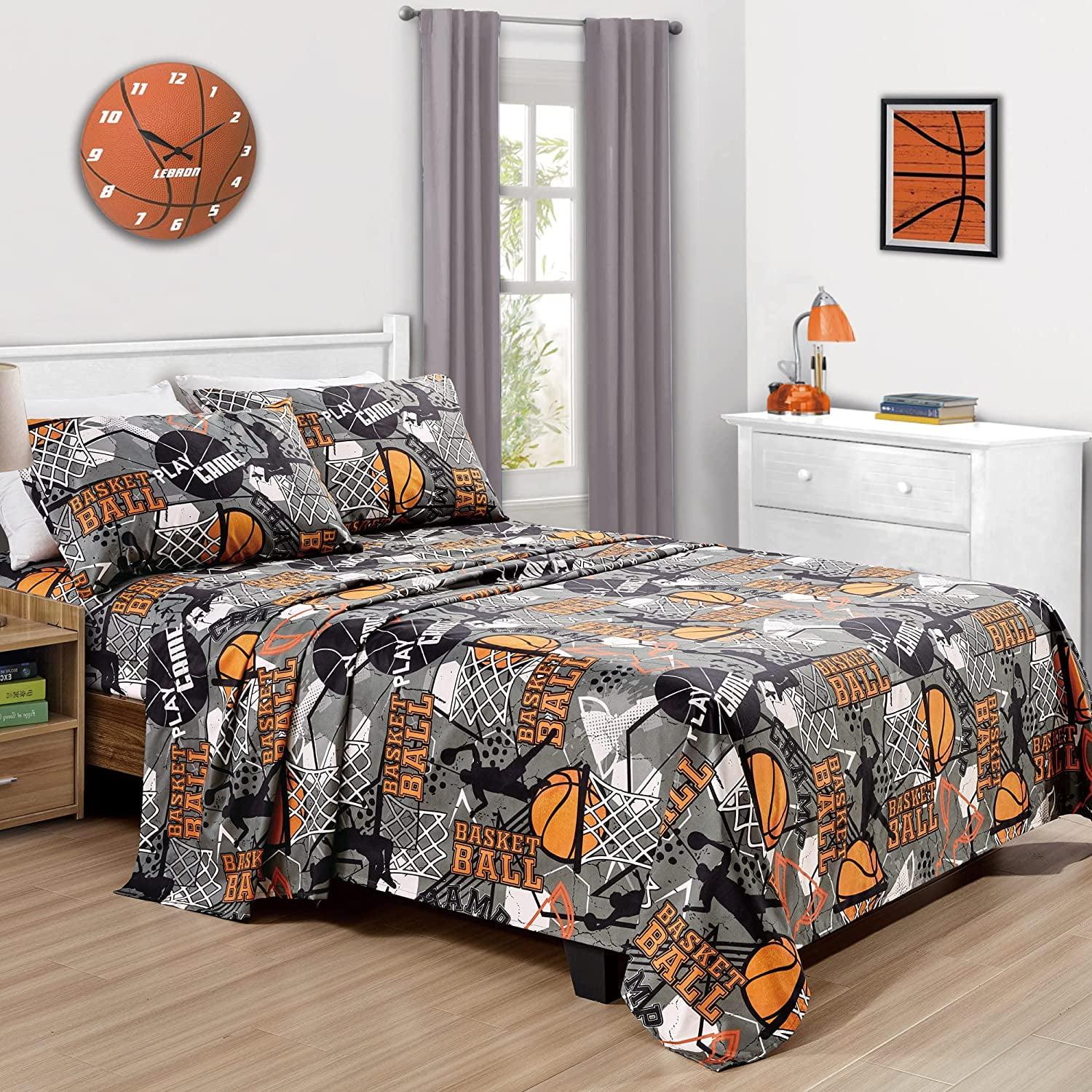 Full Gray and Orange Basketball Print Microfiber Sheet Set