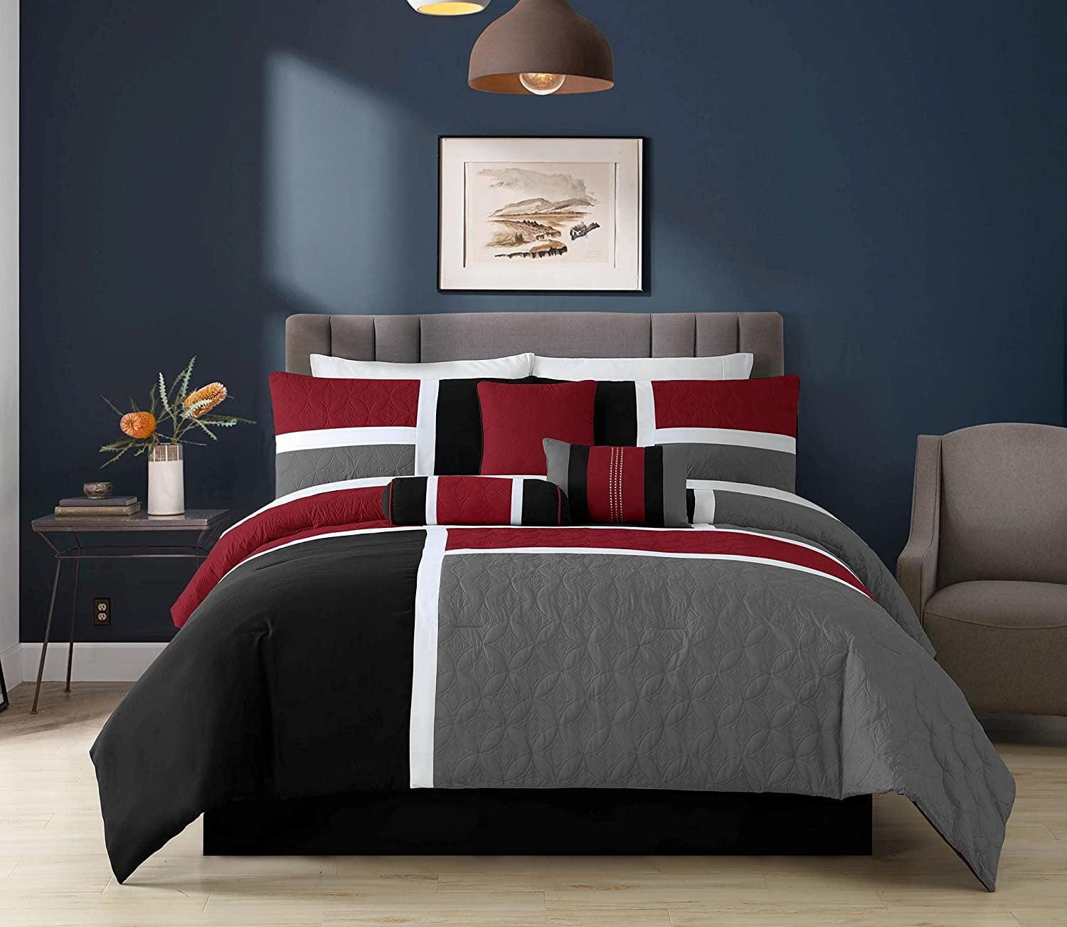 Queen Red/Gray/Black Patchwork Comforter Set