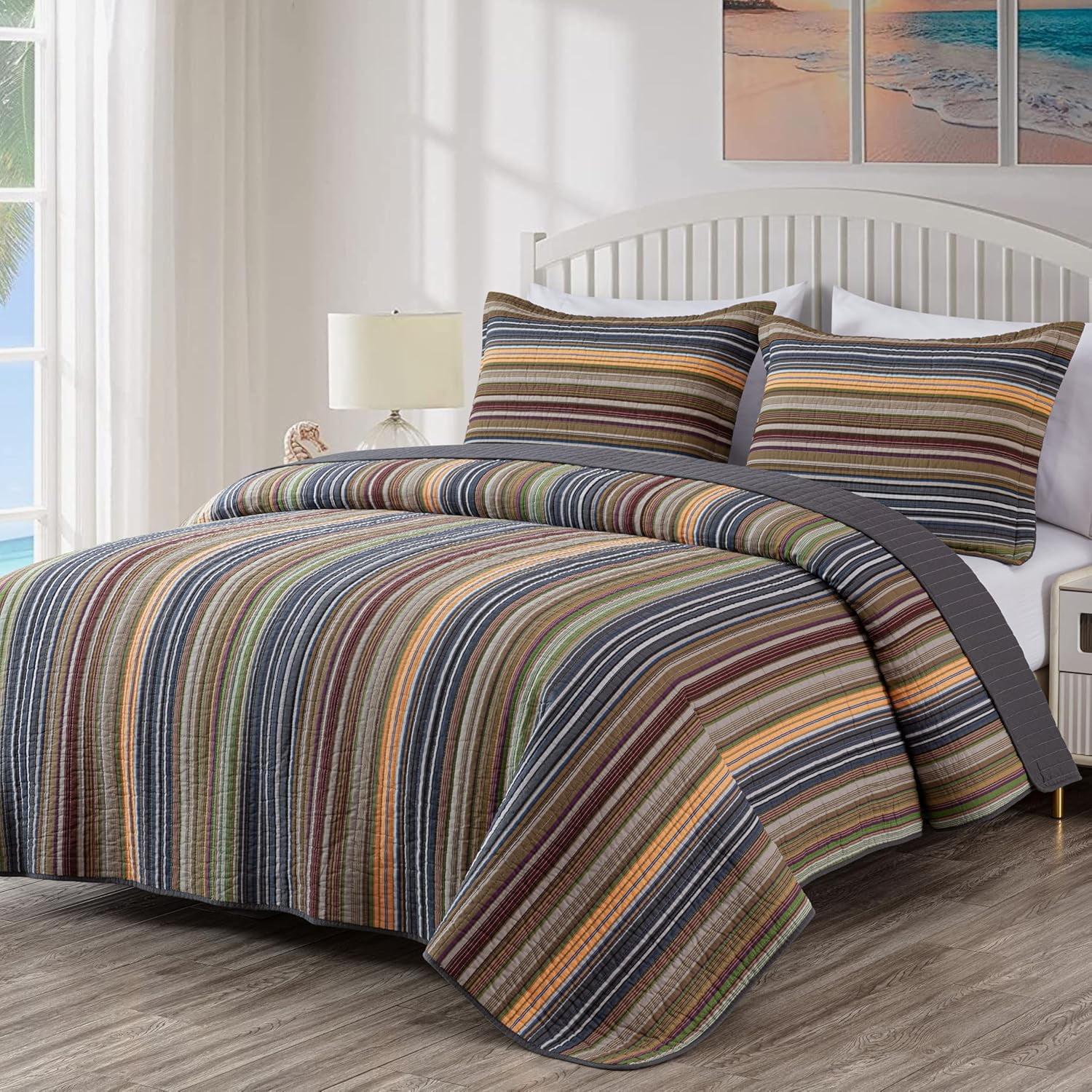 Chezmoi Collection Cotton Quilted Striped Quilt Set