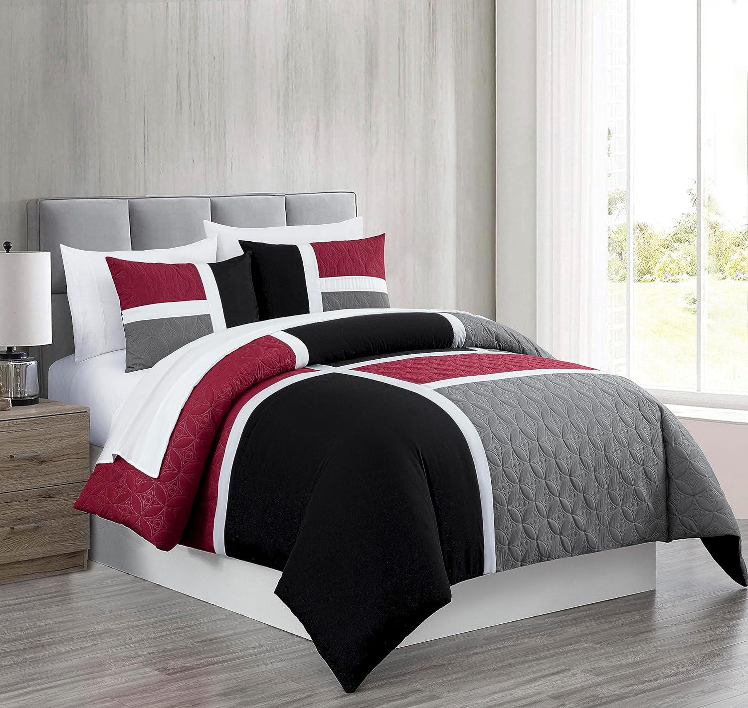 Chezmoi Collection Bernard 7-Piece King Bed in a Bag Comforter Set with Sheets, Lightweight Comforter Red Gray Black Patchwork Quilted Medallion Bedding Set for All Season