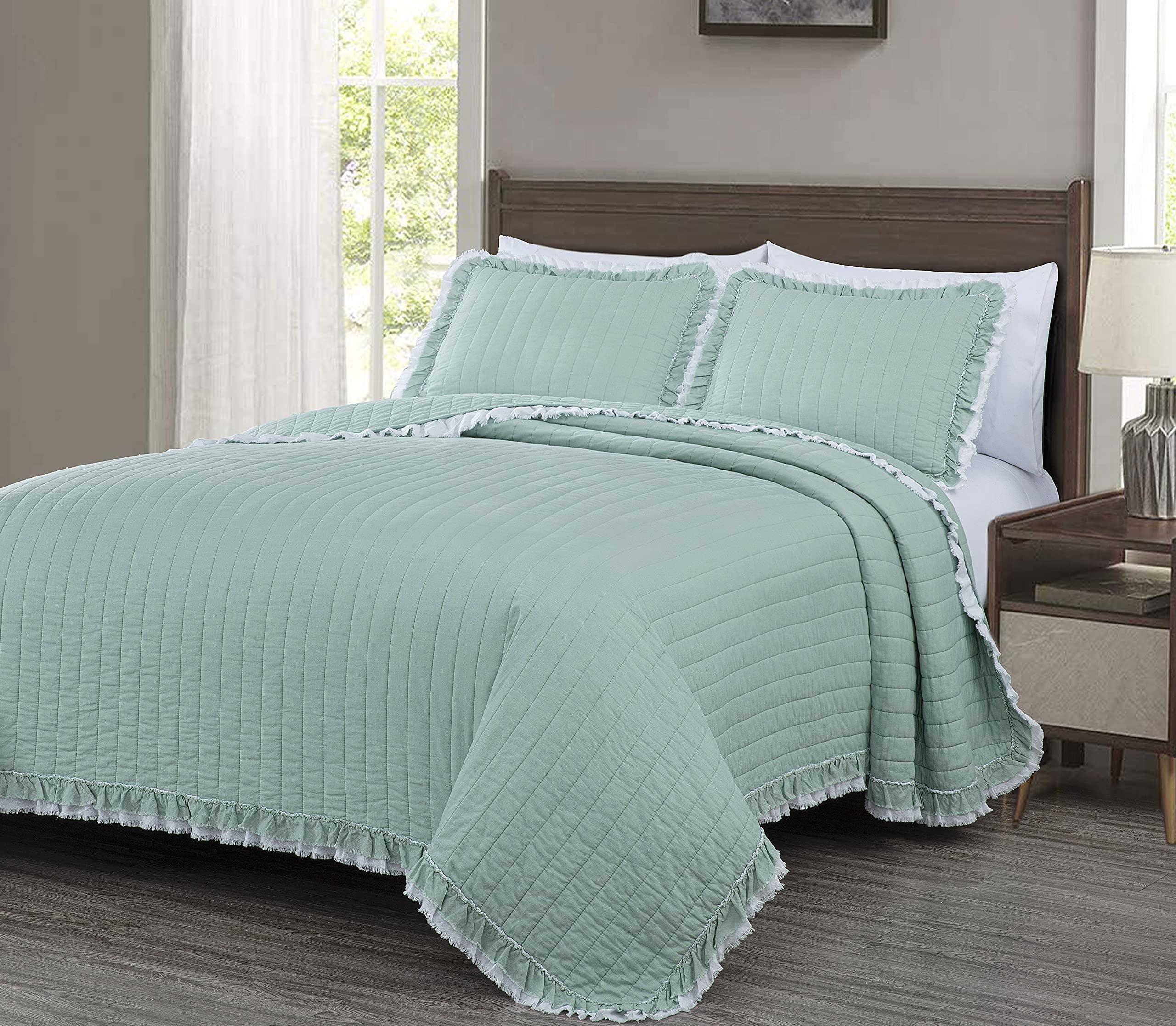 Chezmoi Collection Bonnie 3-Piece 100% Cotton Quilt Set King Size, Aqua - Double Frayed Ruffled Edge Lightweight Pre-Washed Soft-Finished Cotton Bedspread for All Season