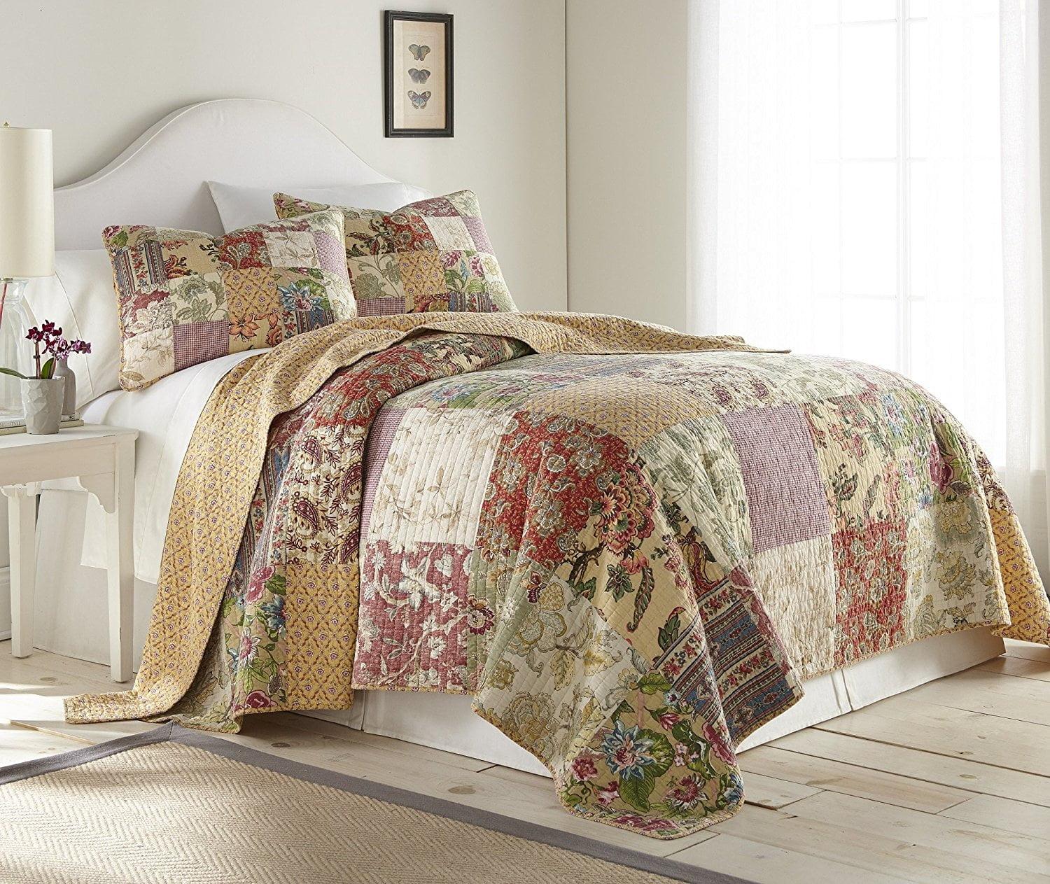 Brown Floral Patchwork Reversible Cotton Quilt Set, Queen