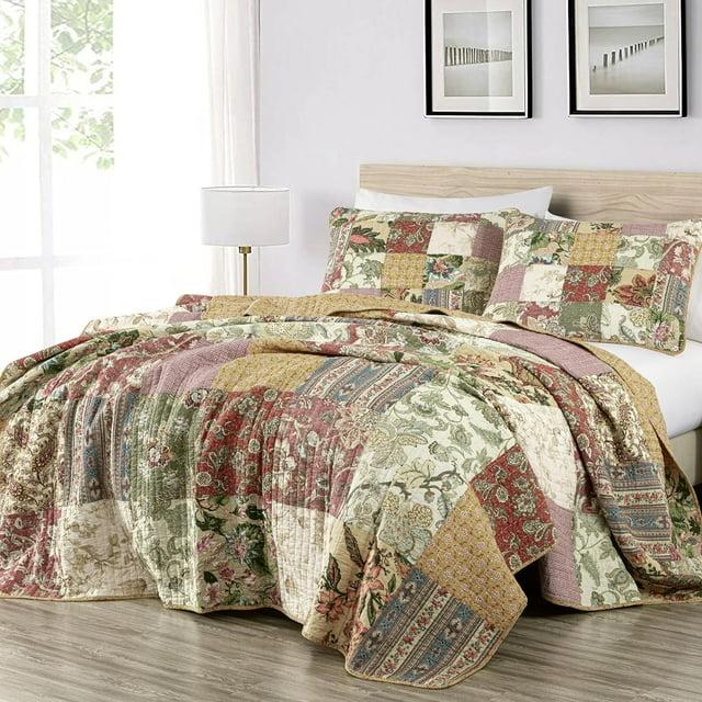 Chezmoi Collection Beige/Red Cotton Reversible Quilt Set