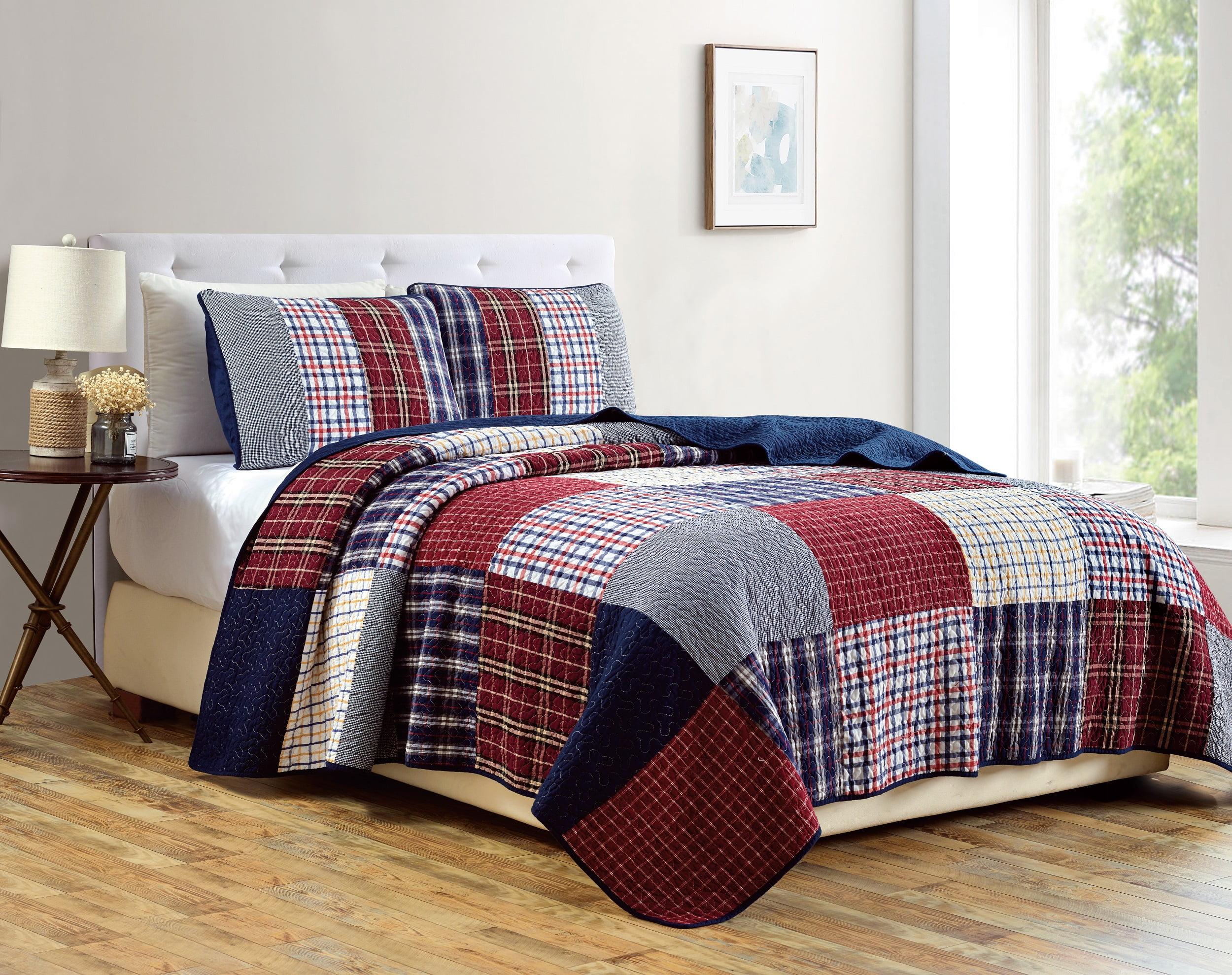 Twin White and Red Cotton Reversible Patchwork Quilt Set