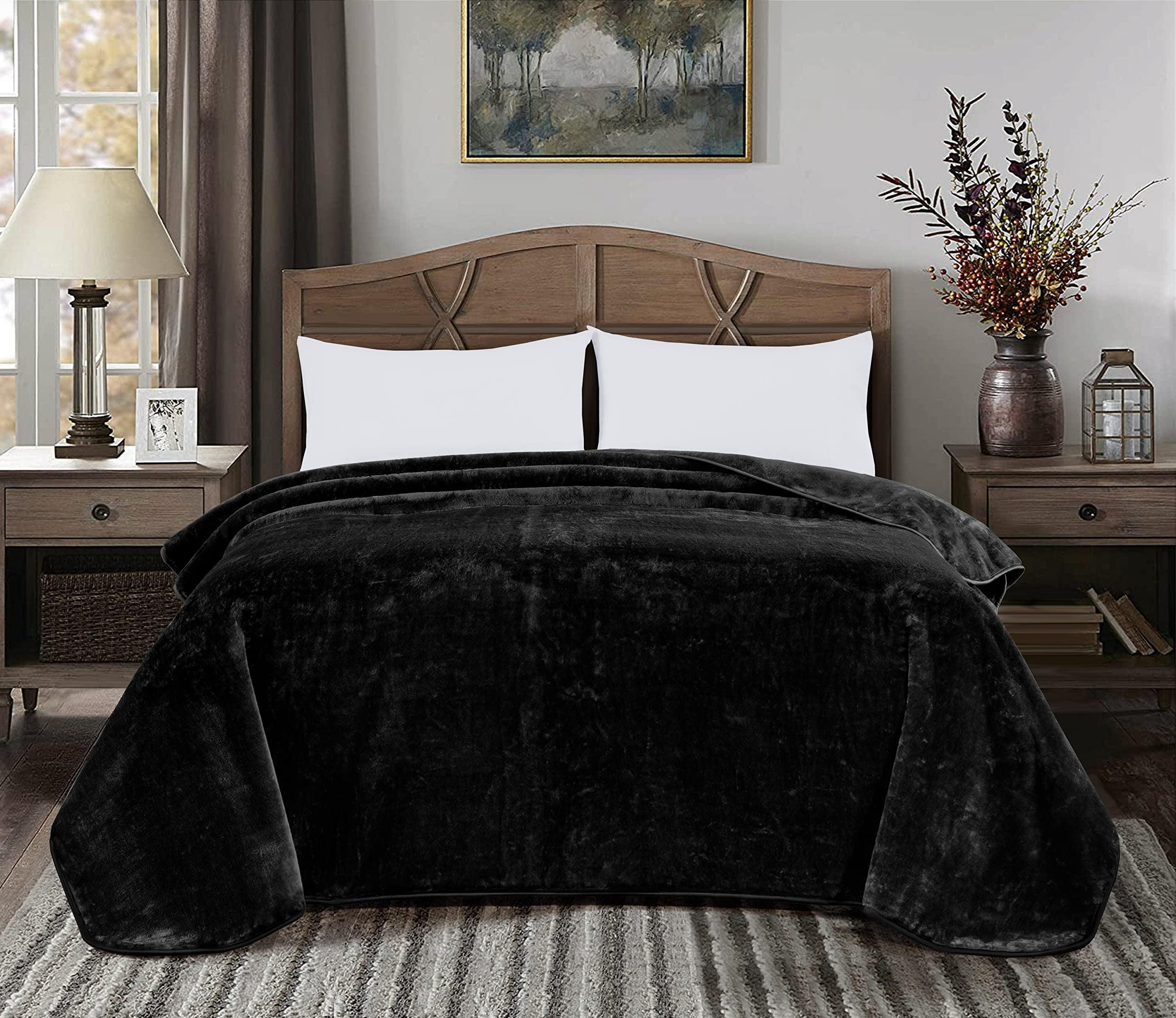 Chezmoi Collection Heavy Thick Korean Style Faux Mink Blanket Single Ply 9 Lbs, 750GSM Silky Soft Plush Raschel Mink Blanket, 92" x 106" US King Size, Solid Black