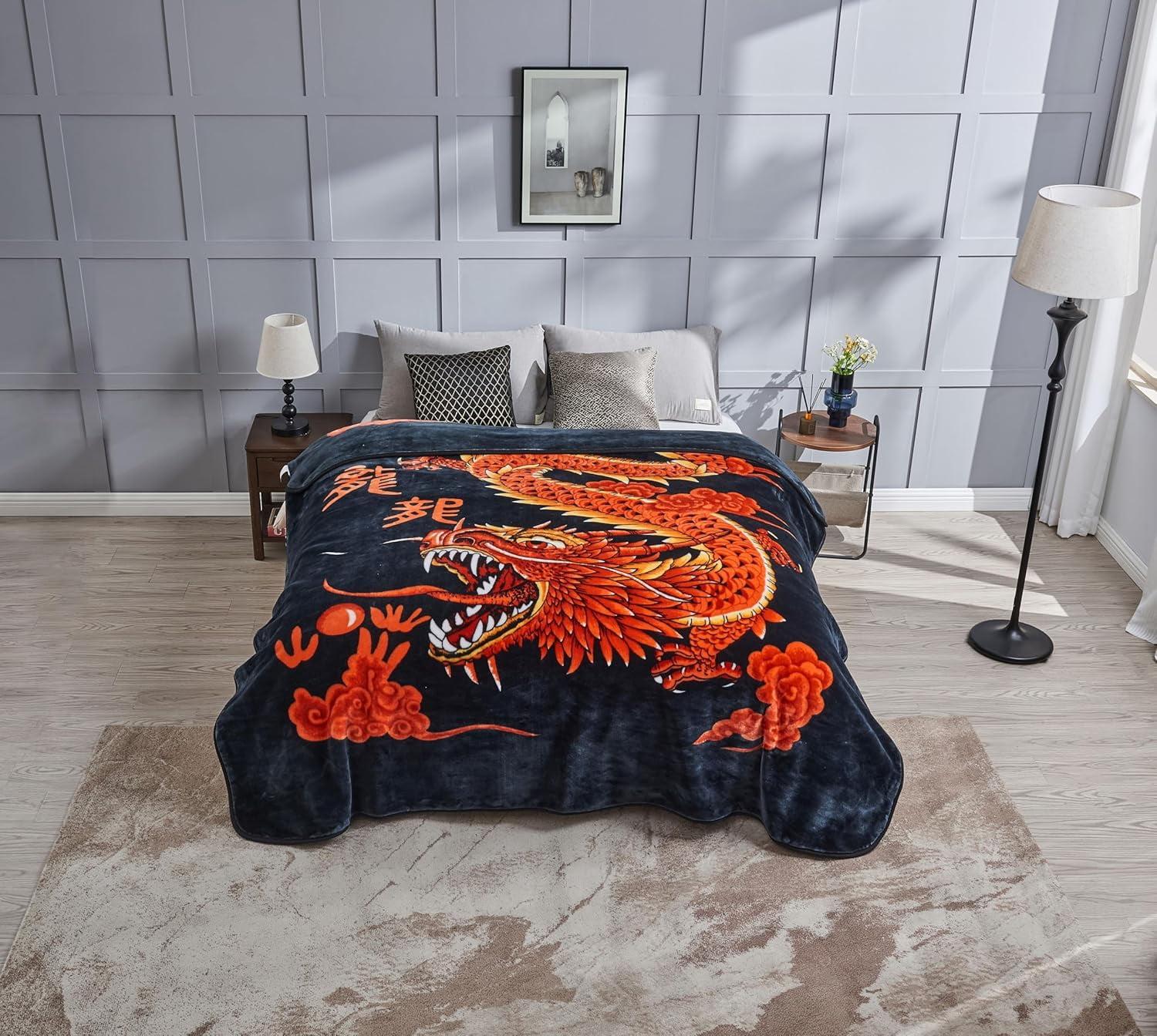 Chezmoi Collection Heavy Thick Korean Style Faux Mink Blanket Single Ply 9 Lbs, Reversible 750GSM Thick Silky Soft Plush Raschel Mink Blanket, 85" x 95" Asia King Size, Dragon