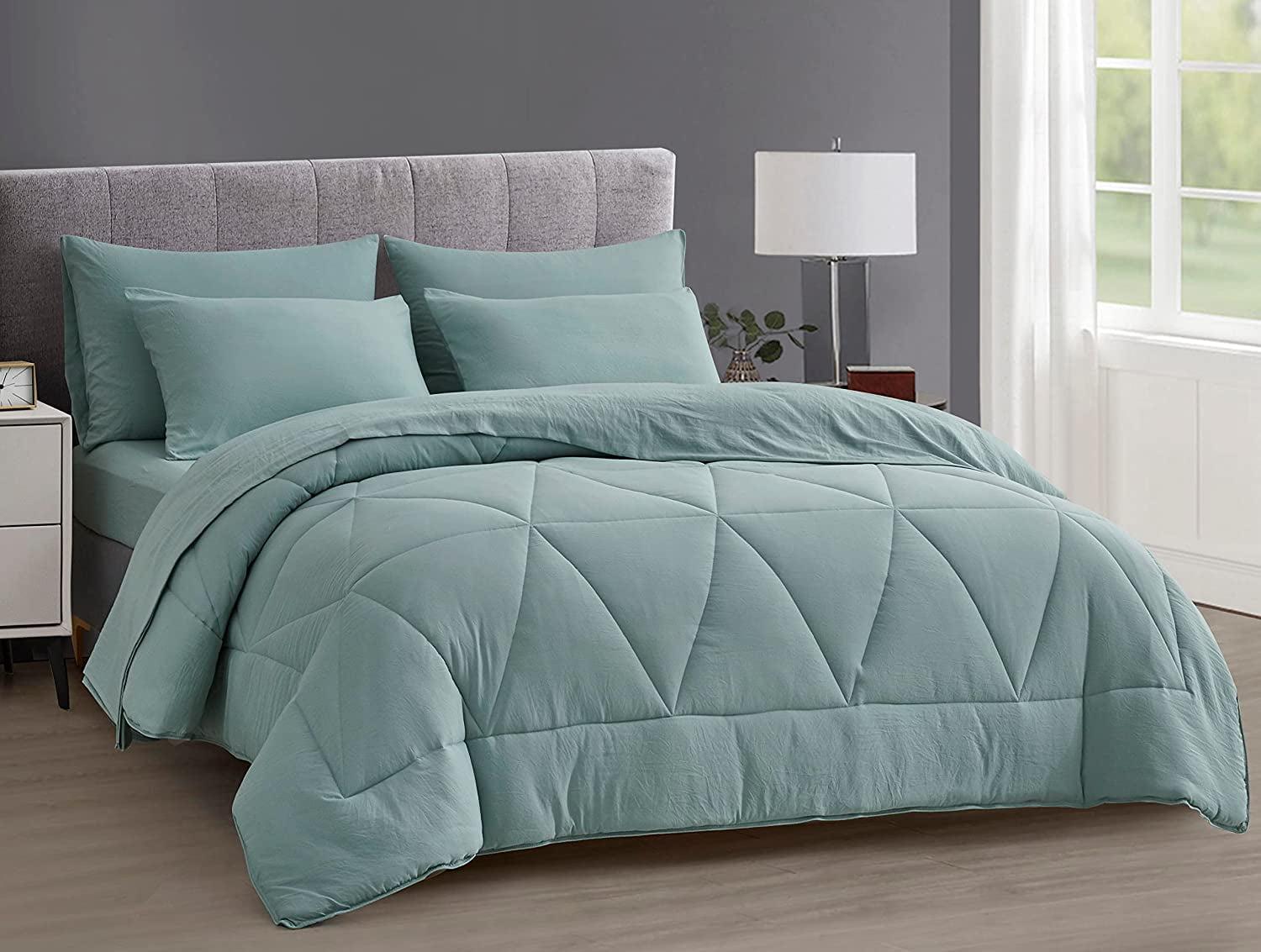 Chezmoi Collection Jasper 7-Pieces Bed in a Bag Comforter Set with Sheets, Geometric Triangle Quilted Double Brushed Microfiber Lightweight All Season Bedding Set, Full, Aqua