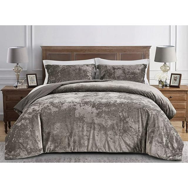 Chezmoi Collection Lux 3-Piece Pewter Gray Shimmer Velvet Bedding Set Full Size Lush Plush Velvet Comforter Set With Soft Brushed Microfiber Reverse