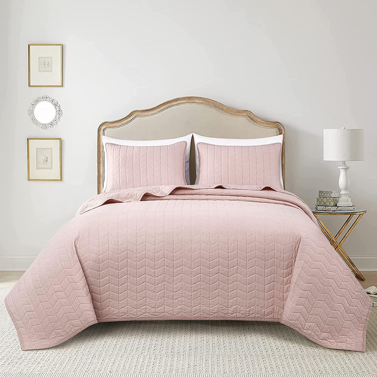 Chezmoi Collection Madrid Herringbone Geometric Solid Cotton Lightweight Quilt, 3-Piece Quilt Set, King, Blush