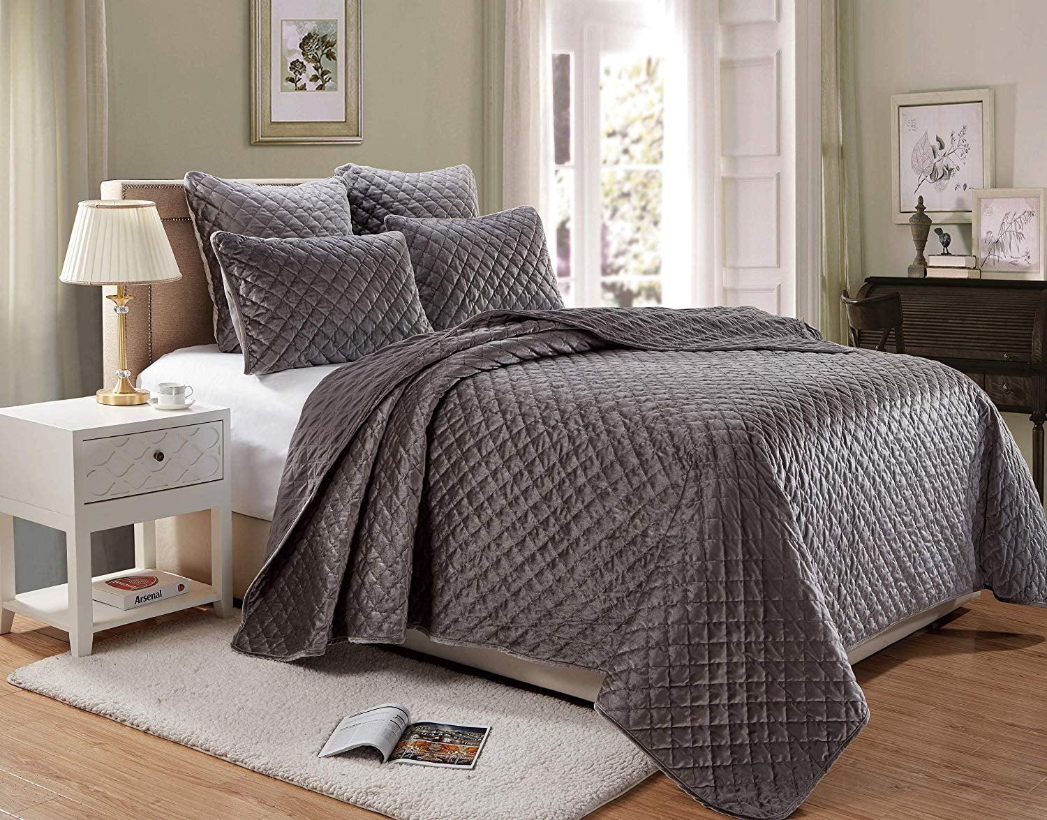 Chezmoi Collection Nina 3-Piece Modern Diamond Pattern Solid Velvet Quilt Set