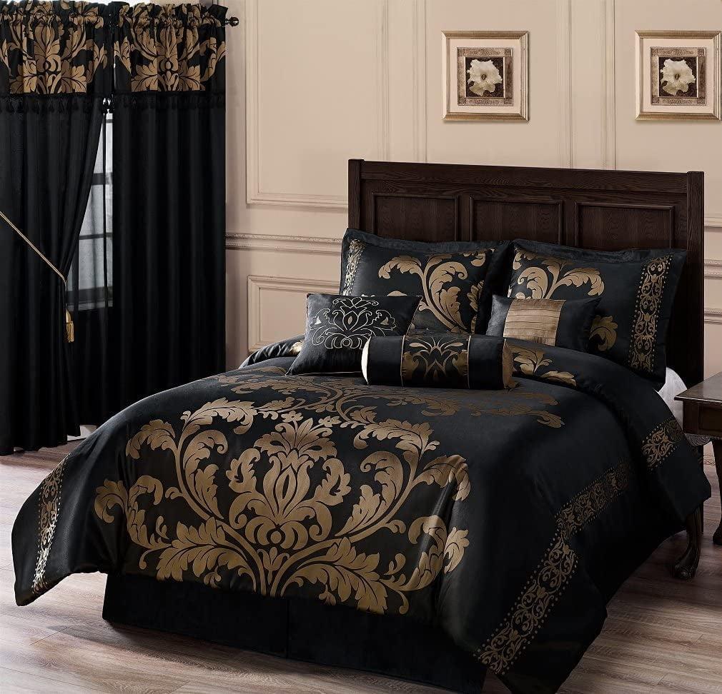 Full Black and Gold Jacquard Floral Comforter Set