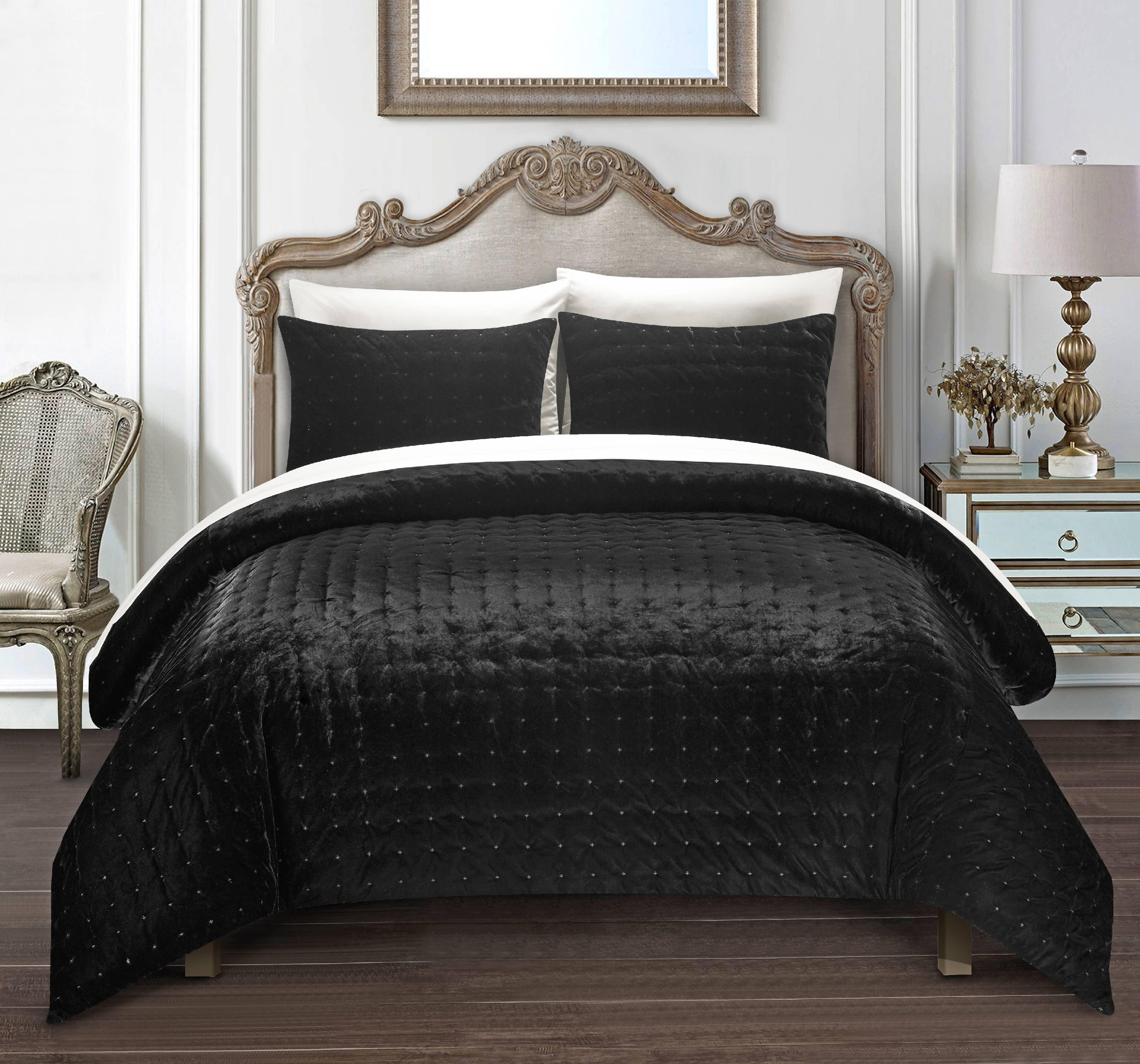 King Black Quilted Velvet Down Alternative Comforter Set