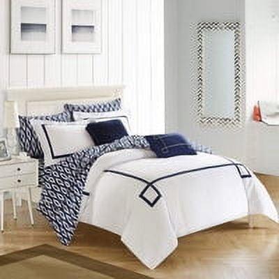 Navy and White Greek Key Embroidered Reversible Comforter Set, Queen