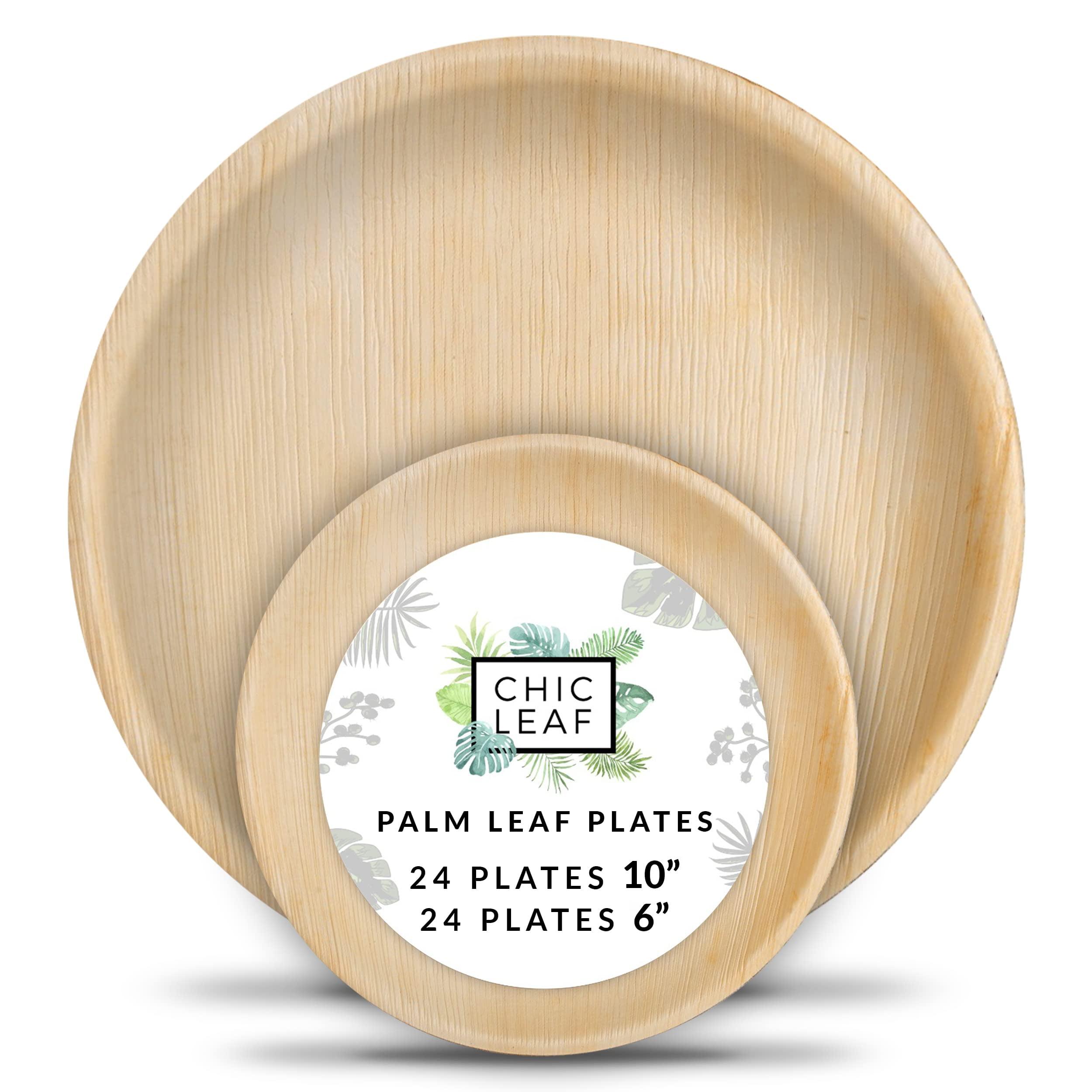 Chic Leaf, Compostable & Disposable Plates, Round, Natural Color, Palm Leaf, 48 Pc, 10” & 6”
