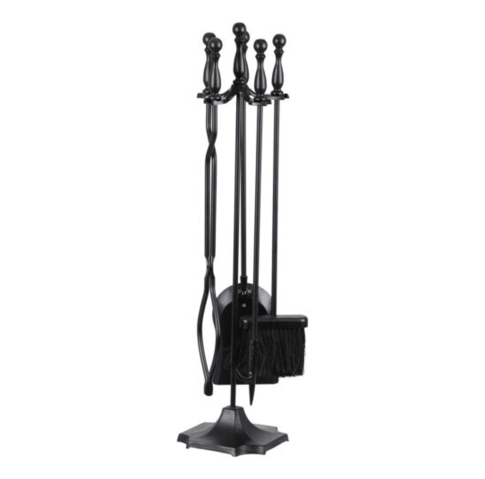 Black Wrought Iron 5-Piece Fireplace Tool Set with Stand