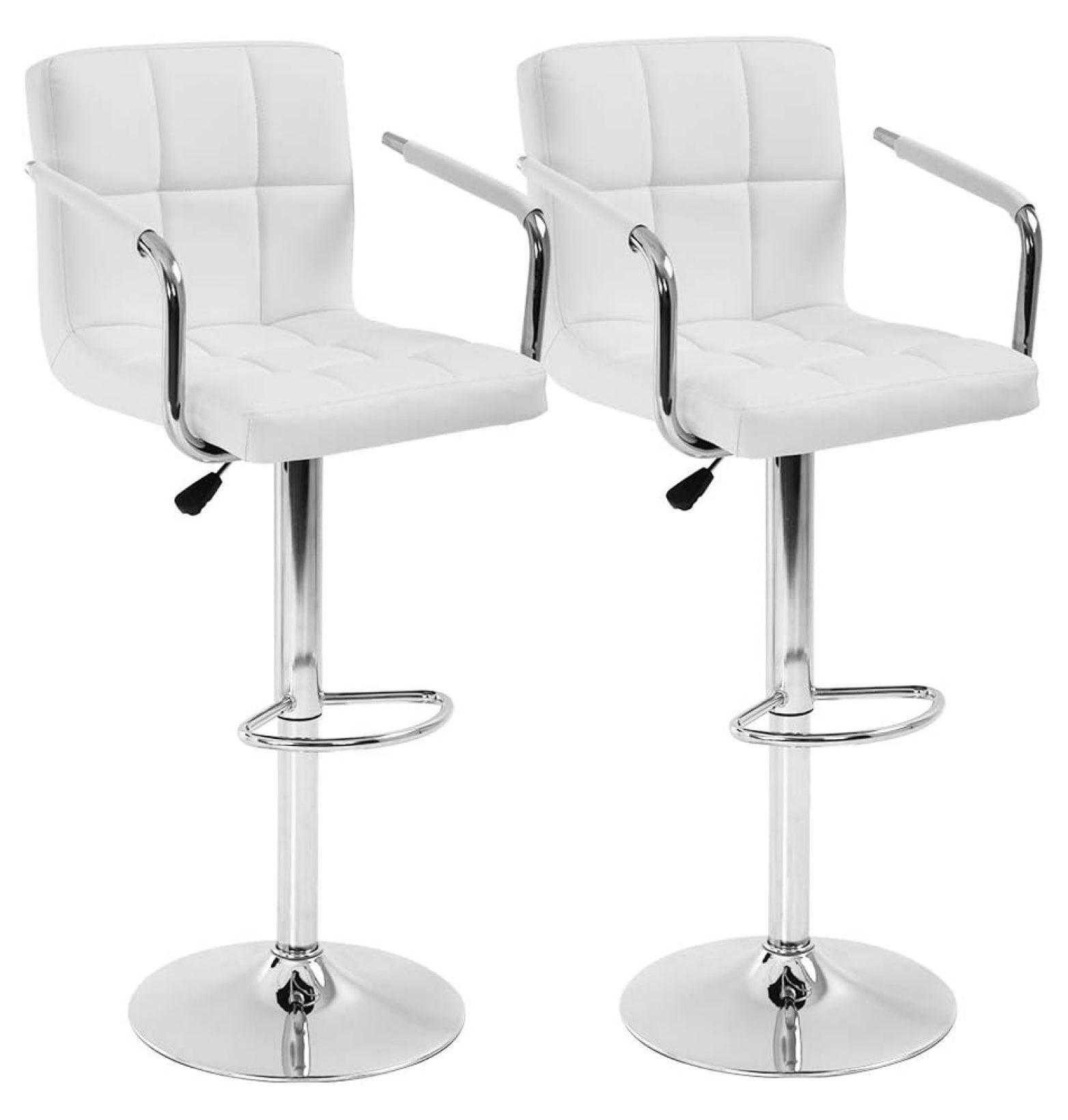 Killeryuki Bar Stools with Armrest Modern PU Leather Swivel Adjustable Hydraulic Bar Stool X-Large Base and Seat Square Counter Height Stool Set of 2 (White)