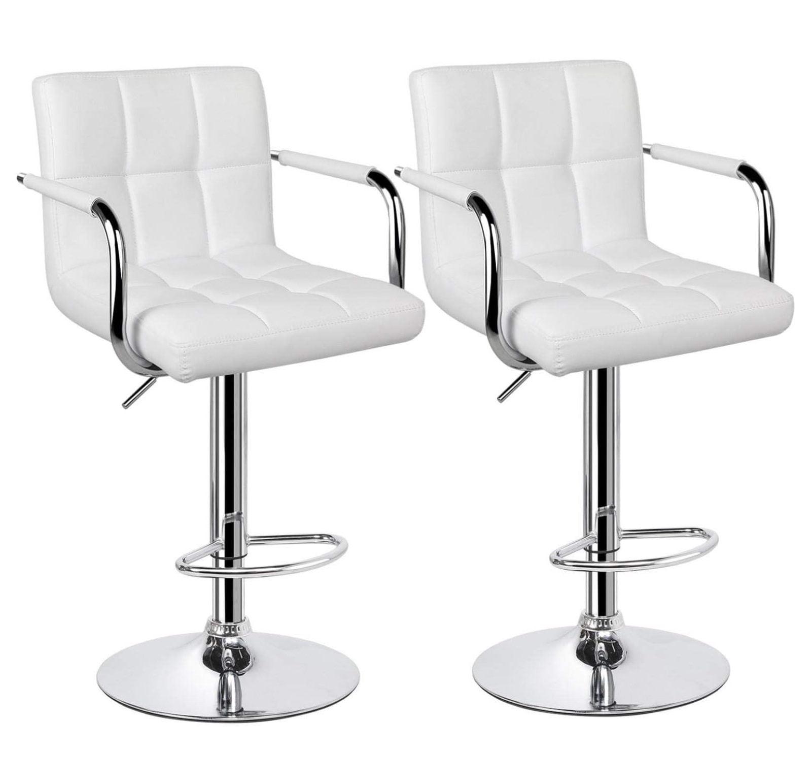 White Adjustable Swivel Leather Bar Stools with Chrome Base, Set of 2