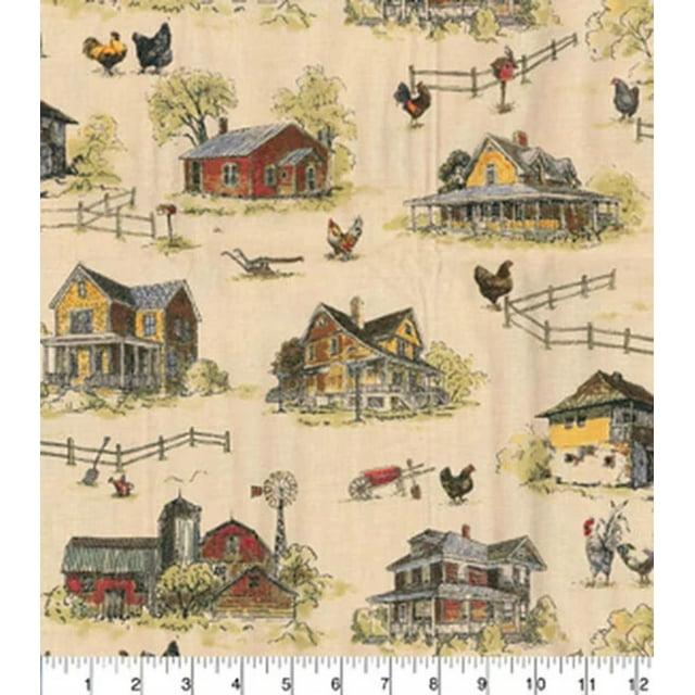 Chickens On Farm Tan Cotton Fabric