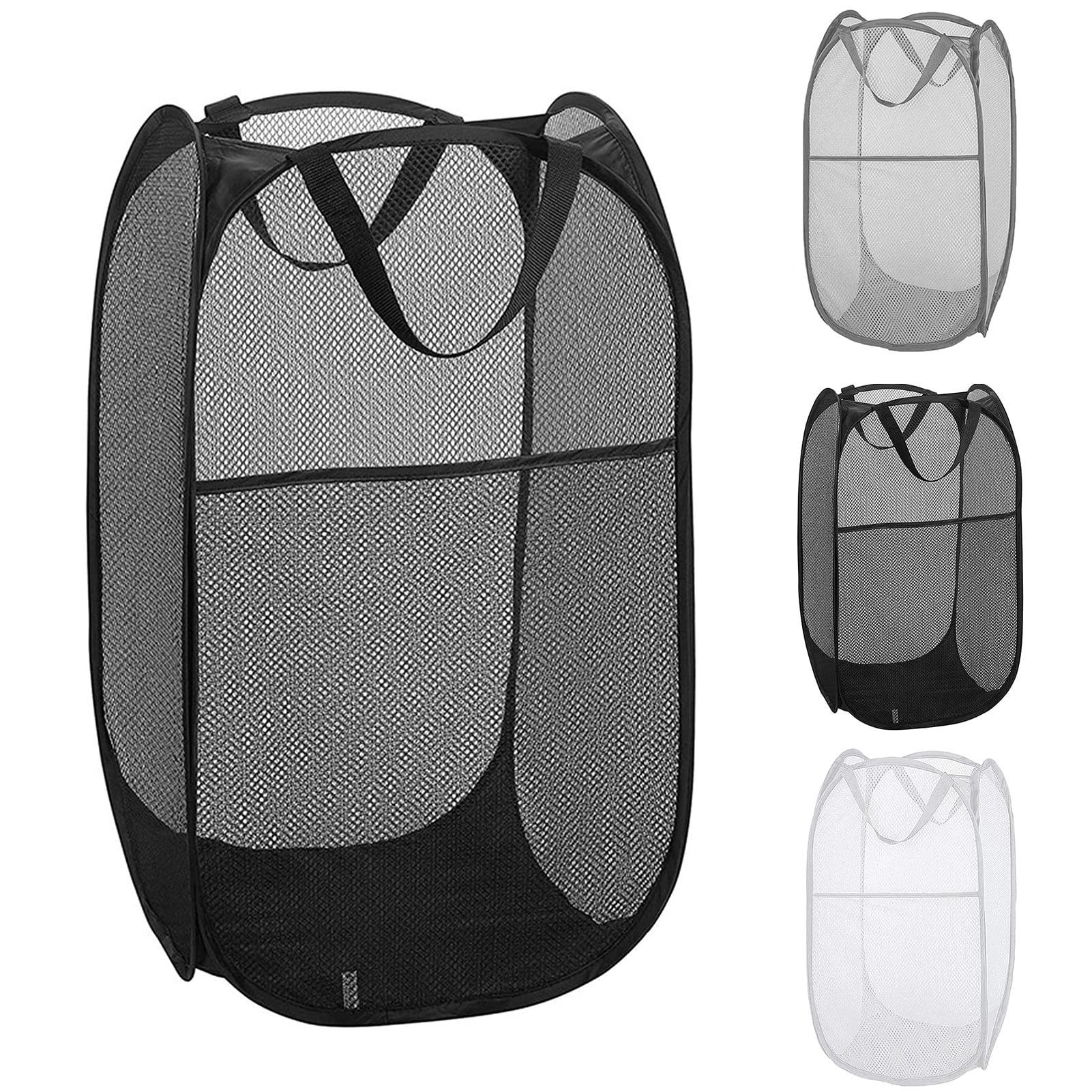 Collapsible Mesh Pop Up Laundry Baskets with Wide Opening and Side Pocket – Laundry Hamper, Breathable, Sturdy, Foldable, and Space-Saving Design for Clothes and Storage (Black)