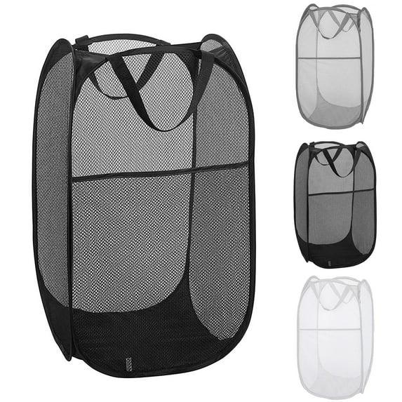 Collapsible Mesh Pop Up Laundry Baskets with Wide Opening and Side Pocket – Laundry Hamper, Breathable, Sturdy, Foldable, and Space-Saving Design for Clothes and Storage (Black)