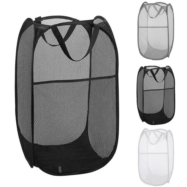 Collapsible Mesh Pop Up Laundry Baskets with Wide Opening and Side Pocket – Laundry Hamper, Breathable, Sturdy, Foldable, and Space-Saving Design for Clothes and Storage (Black)