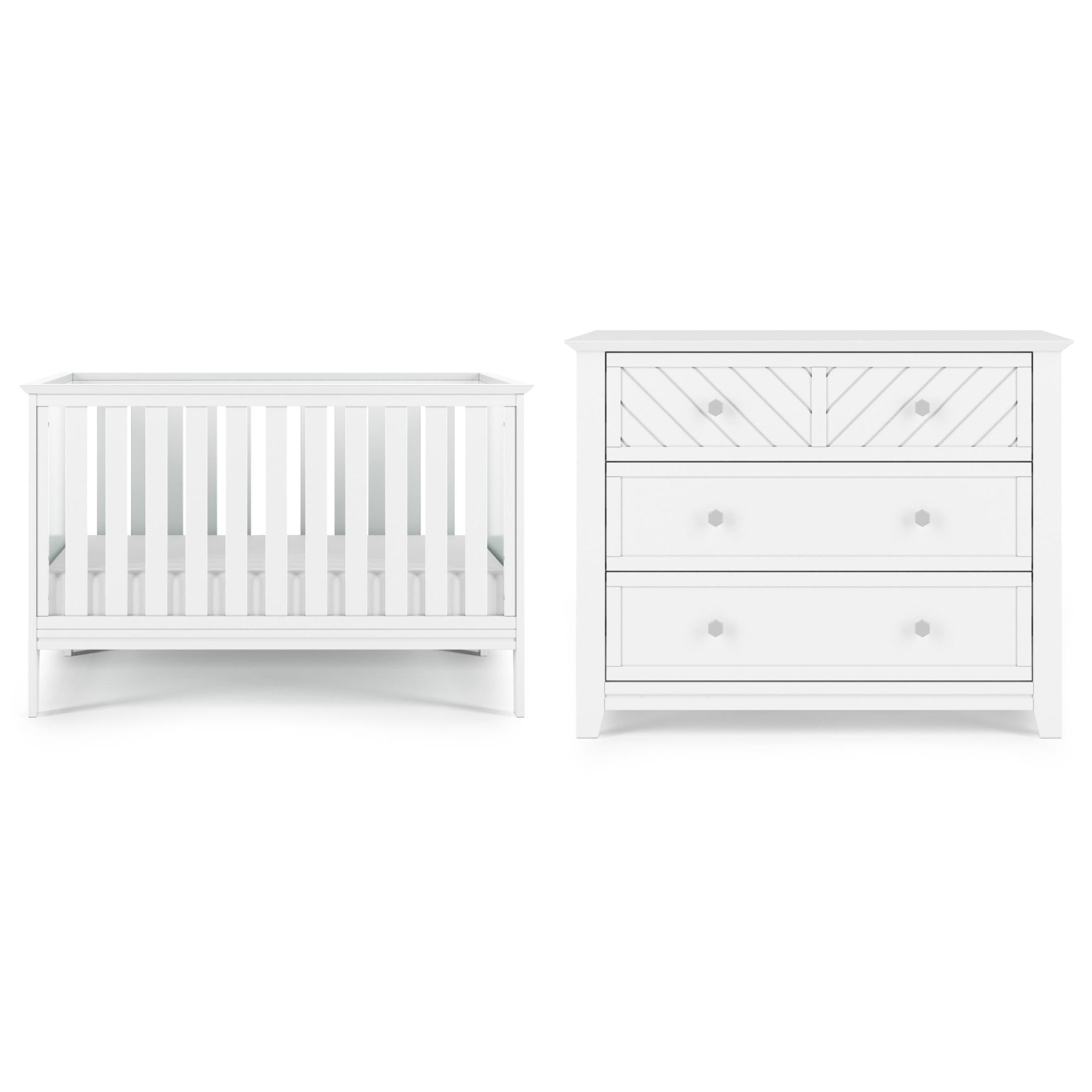 Matte White Convertible Crib and Dresser Nursery Set