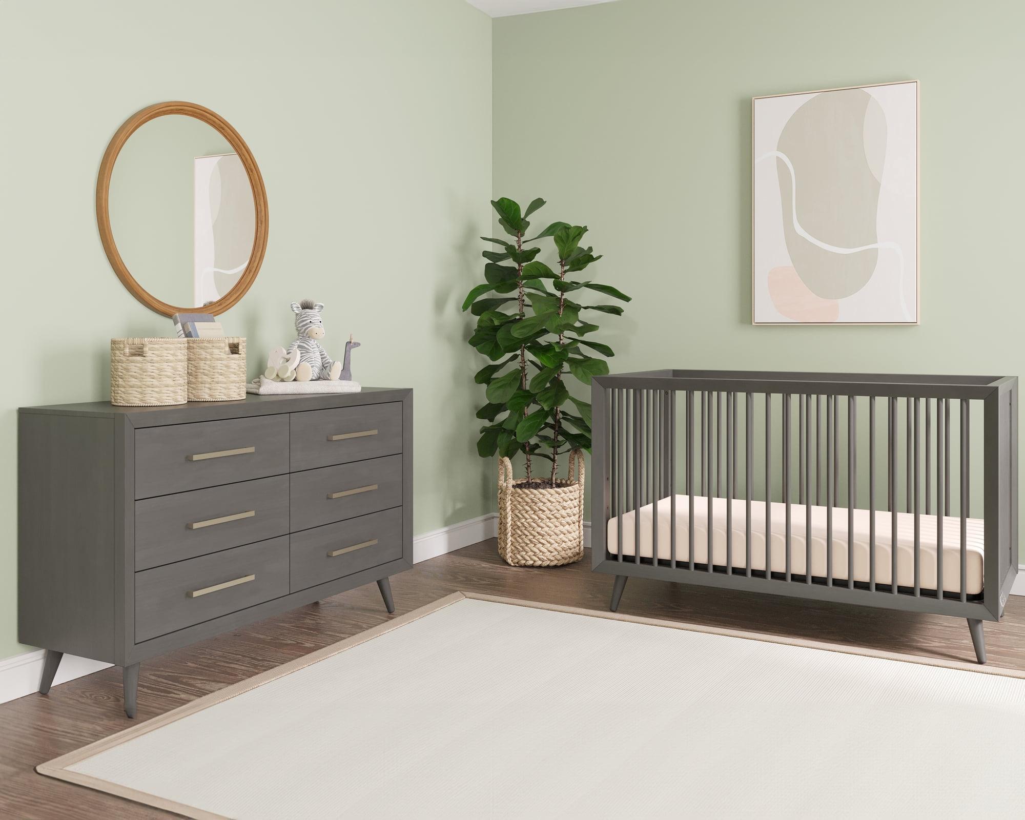 Lunar Gray Mid-Century Modern Convertible Crib and Dresser Set