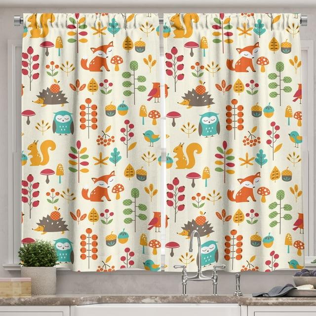 Children Curtains 2 Panels Set, Cute Kids Autumn Pattern with Owl Fox Squirrel Birds Animal Leaves Artsy Print, Window Drapes for Living Room Bedroom, 55W X 39L Inches, Multicolor, by Ambesonne