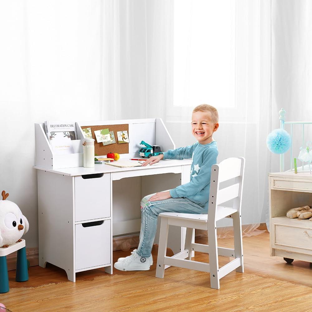 Children's White Study Desk & Chair Set with Bookshelf, Bulletin Board, and Storage Cabinets - Perfect for Ages 3-8